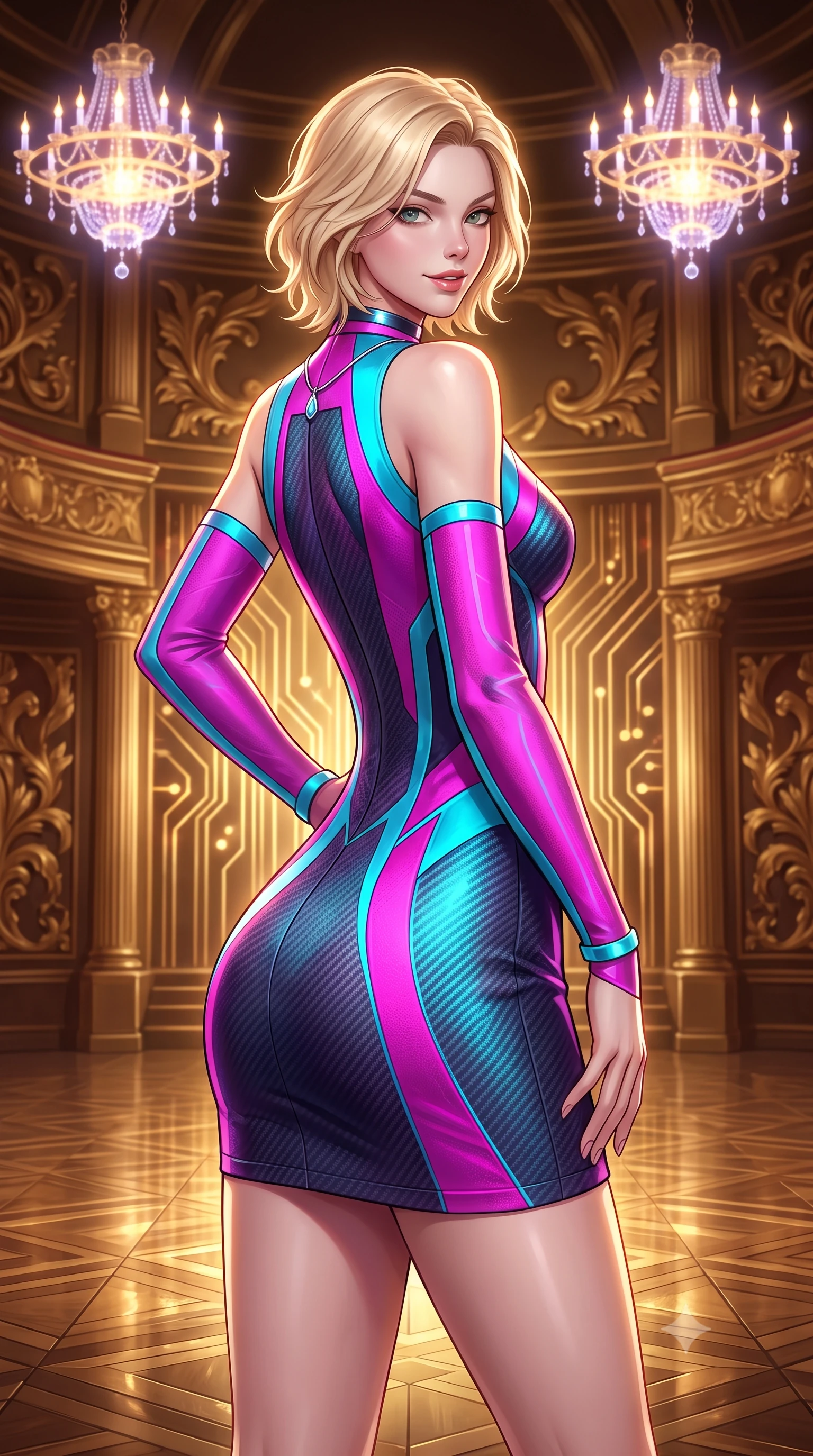 score_9, masterpiece, best quality, ultra-detailed, high-budget anime keyframe, semi-realistic 3D game render, editorial fashion photography, tasteful artistic composition, Caucasian woman. close-up cowboy shot from the waist and thighs up, the character dominates the composition, filling the frame with her large presence. posing in an alluring rear three-quarter angle, looking over a bare shoulder with parted glossy lips, her hips cocked back to highlight her slim hourglass curve while standing poised at the center of the gilded cyber-baroque opera stage beneath levitating plasma chandeliers, arching her lower back with sovereign diva charisma. The surrounding environment is rendered in vivid detail and crisp panoramic clarity: sharp hand-carved gilded wood reliefs, pulsing gold micro-circuitry inlays, and polished stage parquet reflections in deep focus. She has an exceptionally elegant, slender, and willowy female figure with an ultra-slim waist, flat toned midriff, narrow ribcage, and sculpted feminine hips creating an alluring, slim hourglass silhouette without bulk. sharp v-shaped jawline, high-bridge nose, intricate jewel-like sparkling eyes with depth, thick eyelashes, glossy parted lips with a natural peach sheen, bright cheerful beaming smile with an enchanting and coquettish sensual glint, exuding both youthful cute charm and seductive allure, flawlessly proportioned anatomical accuracy, strict slender model proportions, natural body alignment, perfectly sculpted long slender limbs, ultra-slim waistline, clean dynamic posture without body distortion. wearing a futuristic architectural jacquard shift dress with geometric high neckline and bracelet sleeves in Neo-Tokyo neon magenta and electric cyan, woven from structured carbon-fiber jacquard with rich textural depth, finished with a minimalist chrome choker and a single teardrop diamond pendant, the bespoke structured tailoring following the natural line of her 8.5-heads silhouette with refined elegance. illuminated by polished parquet reflection bounce and sharp gold-plasma rim lights sculpting her jawline, narrow waist, and curvy hips. highly saturated vibrant anime colors, detailed shading with soft gradients, rich glossy textures, high-contrast stereoscopic depth, volumetric dynamic lighting, master piece, 9:16 ratio