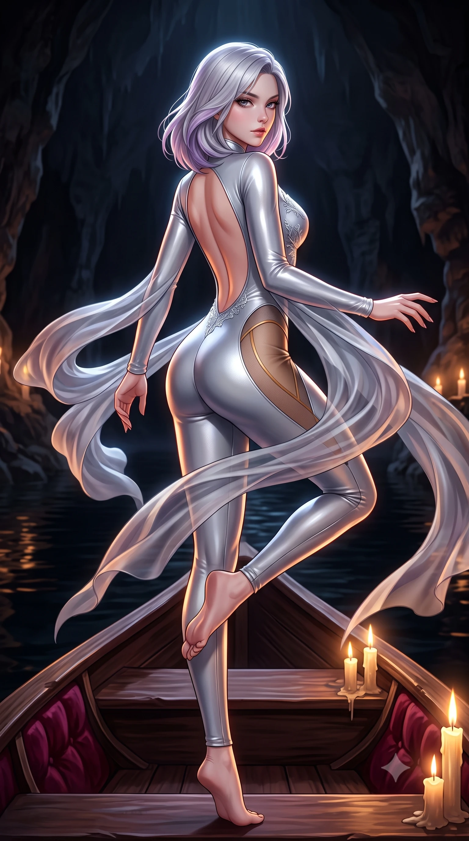 score_9, masterpiece, best quality, ultra-detailed, high-budget anime keyframe, semi-realistic 3D game render, editorial fashion photography, tasteful artistic composition, Caucasian woman. low angle full-body shot from head to toe showing her feet, filling the entire 9:16 vertical frame with her statuesque presence, stretching her vertical silhouette. executing an elegant mid-motion pivot turn as garments swirl around her slender limbs, glancing over her shoulder with an intoxicating bedroom-gaze while reclining languidly on an antique velvet-lined skiff floating on the subterranean black lake, arching her spine with one knee bent as candlelight traces her curvy hips. The surrounding environment is rendered in vivid detail and crisp panoramic clarity. intense theatrical chiaroscuro and decadent gothic romance aesthetics rendered with precision. She has an exceptionally tall and slender model-like 8.5-heads proportion, an ultra-slim waist, a flat toned midriff, narrow delicate ribcage, and beautifully sculpted feminine hips creating a graceful, slim hourglass silhouette without any bulky heaviness, with impossibly long slender legs. sharp v-shaped jawline, high-bridge nose, intricate jewel-like eyes with depth, thick eyelashes, glossy parted lips with a natural sheen, intensely captivating and seductive bedroom-eyes expression, flawlessly proportioned anatomical accuracy, strict slender model proportions, natural body alignment, perfectly sculpted long slender limbs, ultra-slim waistline, clean dynamic posture without body distortion. wearing a liquid-silver aerodynamic space-couture catsuit with an open scooped back and sheer contouring mesh hip panels in molten amber-gold and dark gunmetal, woven from layered gossamer chiffon with a weightless sweeping drape, finished with delicate crystal frost embroidery tracing the plunging neckline, the dramatically scooped open back descending to the base of her spine, accentuating her razor-sharp statuesque lines and slim hourglass silhouette. illuminated by rich specular rim lights defining her razor-sharp jawline, narrow waist, and curvy hips. highly saturated vibrant anime colors, detailed shading with soft gradients, rich glossy textures, high-contrast stereoscopic depth, volumetric dynamic lighting, master piece, 9:16 ratio