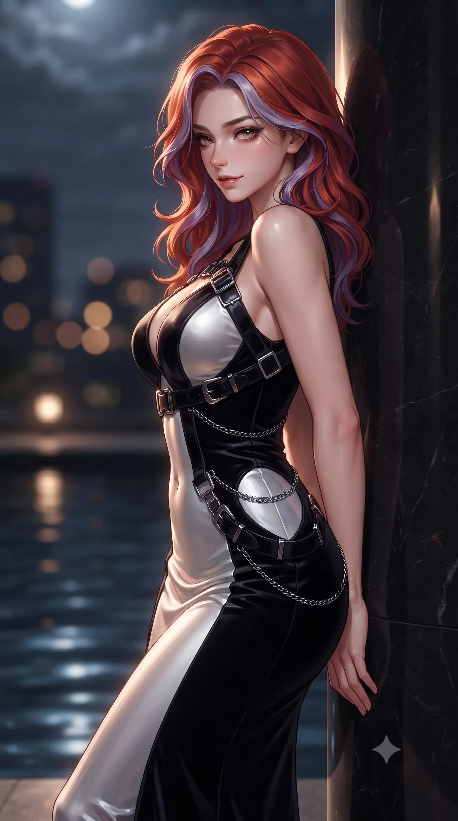 score_9, masterpiece, best quality, ultra-detailed, high-budget anime keyframe, editorial fashion photography, tasteful artistic composition, Caucasian woman. close-up cowboy shot from the waist and thighs up, the character dominates the composition, filling the frame with her large presence, background elements kept in soft focus. Glancing sidelong over her shoulder with a smoldering, enigmatic half-smile, leaning against a polished basalt pool pillar as warm underwater lights glow, distant city lights forming soft dark amber bokeh circles in the background. She has an exceptionally elegant, slender, and willowy female figure with an ultra-slim waist, a gracefully sculpted slender torso, and a refined silhouette. sharp v-shaped jawline, high-bridge nose, intricate jewel-like eyes with depth, thick eyelashes, glossy lips with a natural sheen. wearing sculpted form-fitting dark velvet column gown in pitch black in pearl white, made of liquid dark mercury jersey, framed by dark titanium buckles and silver chain details, contouring every curve with an exceptionally elegant silhouette. illuminated by warm underwater spotlights and cold silver moonlight from above. highly saturated vibrant anime colors, detailed shading with soft gradients, rich glossy textures, high-contrast stereoscopic depth, volumetric dynamic lighting, master piece, 9:16 ratio