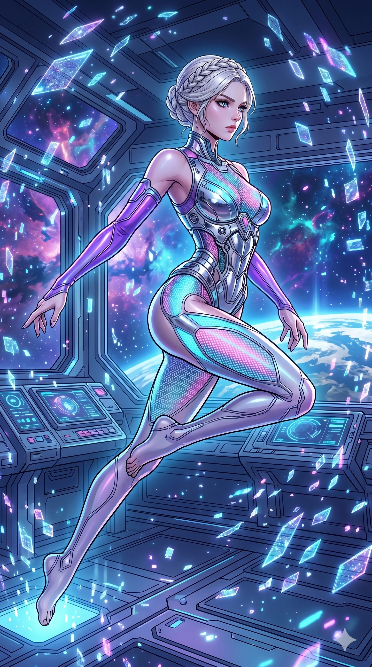 score_9, masterpiece, best quality, ultra-detailed, high-budget anime movie keyframe, cinematic anime lighting, intricate line art, Korean woman. Medium shot of upper body capturing the intricate details of her high-fashion attire. leaping gracefully in a futuristic orbital station surrounded by floating data-shards. She has an absolutely perfect 8-heads proportion, an exceptionally tall and slender female figure with an ultra-slim waist and impossibly long slender legs. sharp v-shaped jawline, high-bridge nose, intricate jewel-like eyes, thick eyelashes, glossy lips. Wearing asymmetrical high-cut tech-bodysuit with detached glowing sleeves, chrome-plated mechanical corset, and bioluminescent mesh panels clinging to her slender figure. The scene is illuminated by dramatic atmospheric lighting and vibrant color palettes. , 2k, ultra detail, master piece, 9:16 ratio