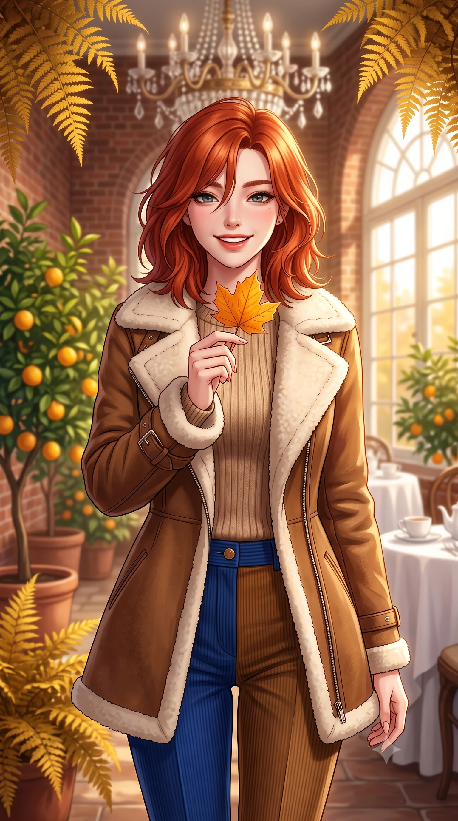 score_9, masterpiece, best quality, ultra-detailed, high-budget anime keyframe, semi-realistic 3D game render, editorial fashion photography, tasteful artistic composition, Korean woman. close-up cowboy shot from the waist and thighs up, the character dominates the composition, filling the frame with her large presence. holding a single autumn leaf delicately between manicured fingers, admiring it with a cheerful, parted-lip smile while standing amidst potted citrus trees and cascading golden ferns inside the historic brick orangery, smiling warmly at the camera. The background shows a soft-focus antique crystal chandelier and white linen tea tables softened in royal afternoon tea shallow focus. She has an exceptionally elegant, slender, and willowy female figure with an ultra-slim waist, flat toned midriff, narrow ribcage, and sculpted feminine hips creating an alluring, slim hourglass silhouette without bulk. sharp v-shaped jawline, high-bridge nose, intricate jewel-like sparkling eyes with depth, thick eyelashes, glossy parted lips with a natural peach sheen, bright cheerful beaming smile with an enchanting and coquettish sensual glint, exuding both youthful cute charm and seductive allure, flawlessly proportioned anatomical accuracy, strict slender model proportions, natural body alignment, perfectly sculpted long slender limbs, ultra-slim waistline, clean dynamic posture without body distortion. wearing a plush shearling-trimmed suede aviator coat layered over a cozy ribbed merino knit sweater and tailored corduroy pants in royal sapphire blue and antique brushed bronze, tailored from heavyweight double-faced wool with clean architectural edges, finished with fine mother-of-pearl cuff buttons catching the soft ambient light, the bespoke architectural tailoring hugging her natural waistline with sartorial precision, creating a clean graceful hourglass silhouette with tall model elegance. bathed in warm 3200K autumn sunlight streaming through floor-to-ceiling arched south-facing conservatory windows. highly saturated vibrant anime colors, detailed shading with soft gradients, rich glossy textures, high-contrast stereoscopic depth, volumetric dynamic lighting, master piece, 9:16 ratio