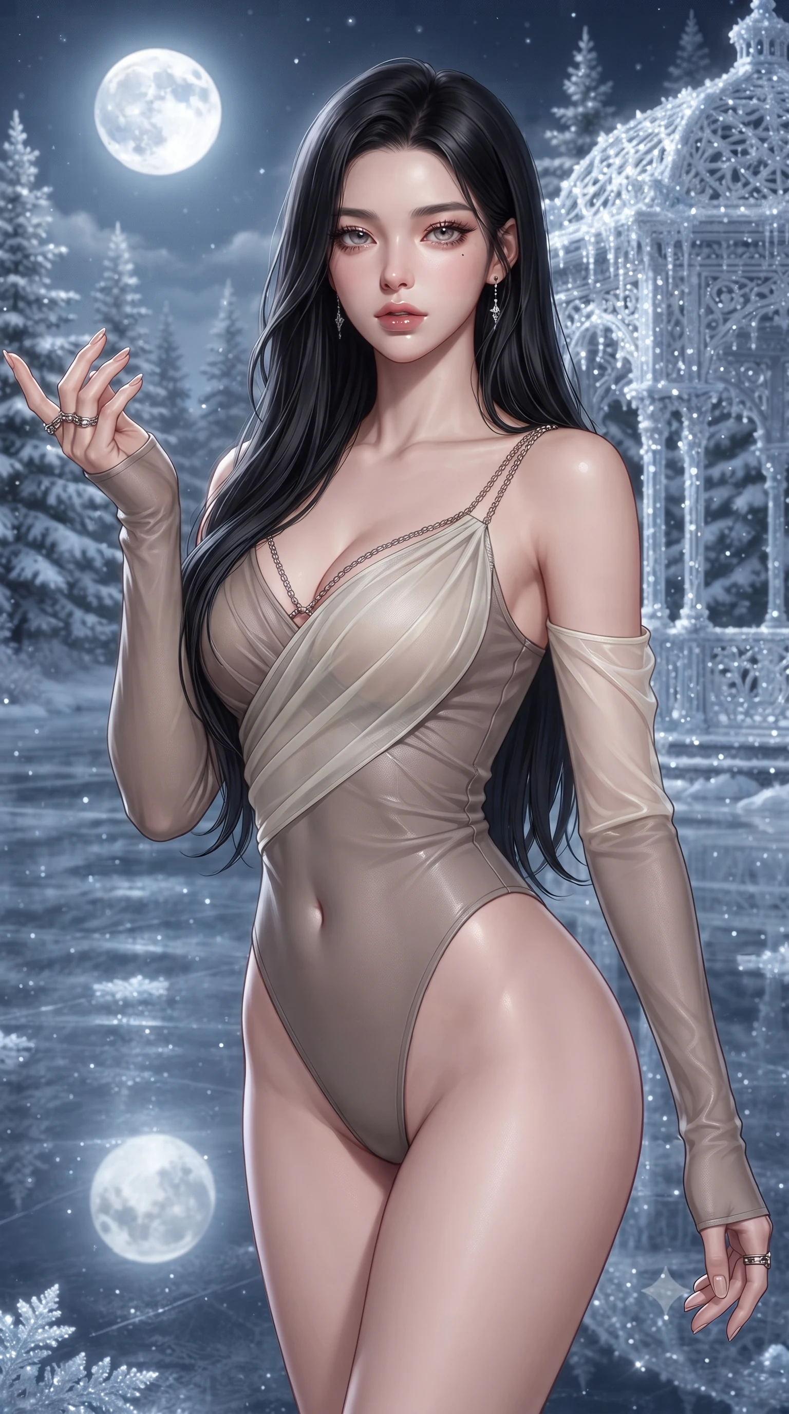 score_9, masterpiece, best quality, ultra-detailed, high-budget anime keyframe, editorial fashion photography, tasteful artistic composition, Korean woman. close-up cowboy shot from the waist and thighs up, the character dominates the composition, filling the frame with her large presence, background elements kept in soft focus. Reaching one hand gracefully toward the viewer with effortless superiority and allure gliding over a frozen mirror lake surrounded by snow-covered pine trees under a full moon, glistening frost crystals on architecture scattering silver and sapphire light. She has an exceptionally elegant, slender, and willowy female figure with an ultra-slim waist, a gracefully sculpted slender torso, and a refined silhouette. sharp v-shaped jawline, high-bridge nose, intricate jewel-like eyes with depth, thick eyelashes, glossy lips with a natural sheen. wearing an asymmetrical high-cut tech-bodysuit with detached sleeves in muted taupe and soft ivory, woven from fine semi-opaque sheer organza, adorned with delicate metallic chain straps along the neckline, the elegant draped fit framing her graceful clavicle and slender torso. surrounded by an opulent, frozen fairytale ambiance with high specular shine. ultra-reflective glossy finish, specular highlights, metallic sheen, high-contrast stereoscopic depth, volumetric dynamic lighting, 2k, ultra detail, master piece, 9:16 ratio