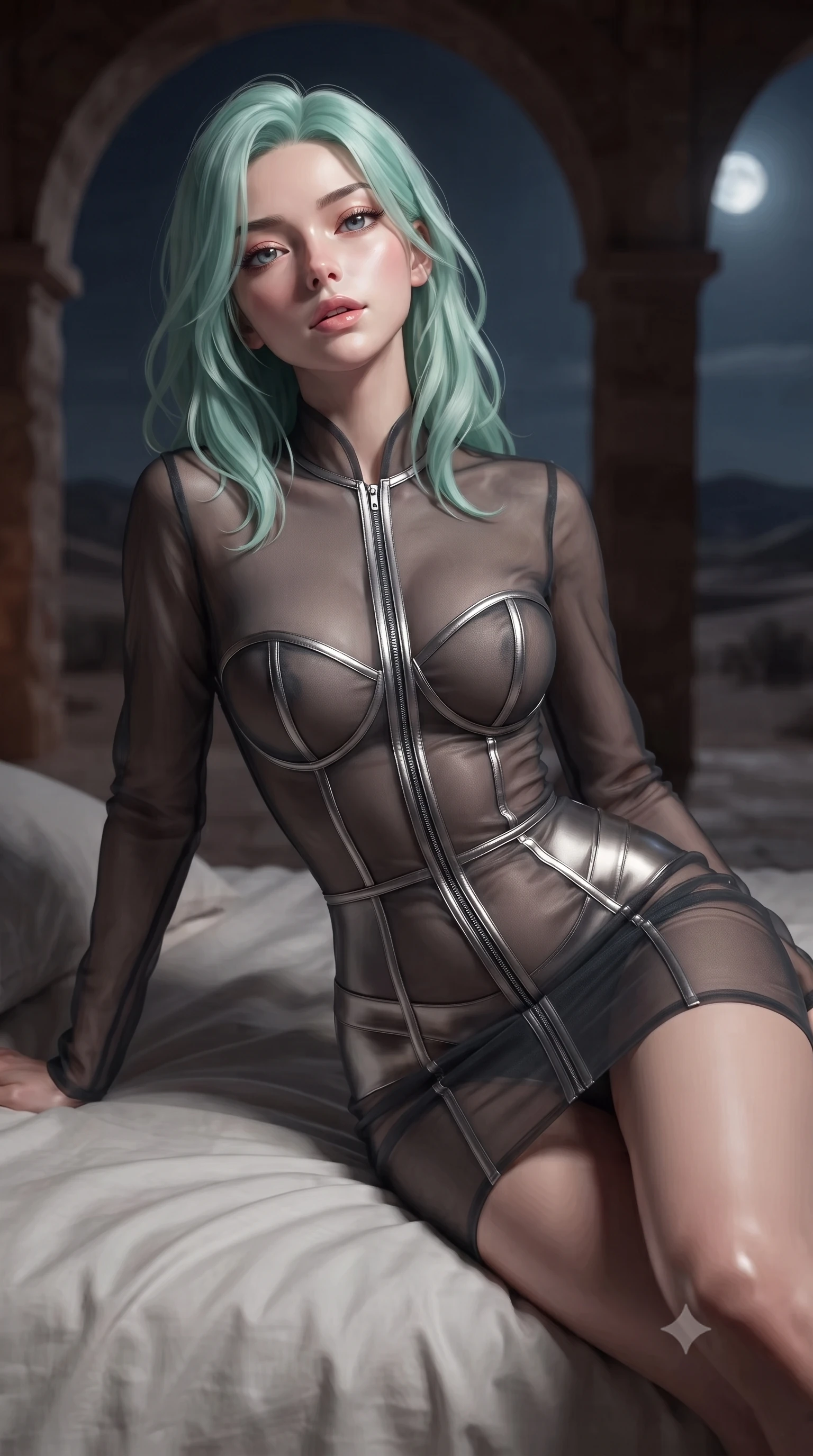 score_9, masterpiece, best quality, ultra-detailed, high-budget anime keyframe, editorial fashion photography, tasteful artistic composition, Japanese woman. close-up cowboy shot from the waist and thighs up, the character dominates the composition, filling the frame with her large presence, background elements kept in soft focus. Tilting her chin up slightly with lips parted in a composed, magnetic expression, lounging on a white linen daybed surrounded by open arches overlooking the desert, sandstone architecture providing a warm natural background plane. She has an exceptionally elegant, slender, and willowy female figure with an ultra-slim waist, a gracefully sculpted slender torso, and a refined silhouette. sharp v-shaped jawline, high-bridge nose, intricate jewel-like eyes with depth, thick eyelashes, glossy lips with a natural sheen. wearing aerodynamic second-skin dark silver metallic bodycon dress in dark charcoal gray, made of sheer dark organza overlay, finished with metallic silver boning and sleek zipper points, following her slender form with tailored precision. lit by low-key flame light piercing through dark desert night air. ultra-reflective glossy finish, specular highlights, metallic sheen, high-contrast stereoscopic depth, volumetric dynamic lighting, 2k, ultra detail, master piece, 9:16 ratio
