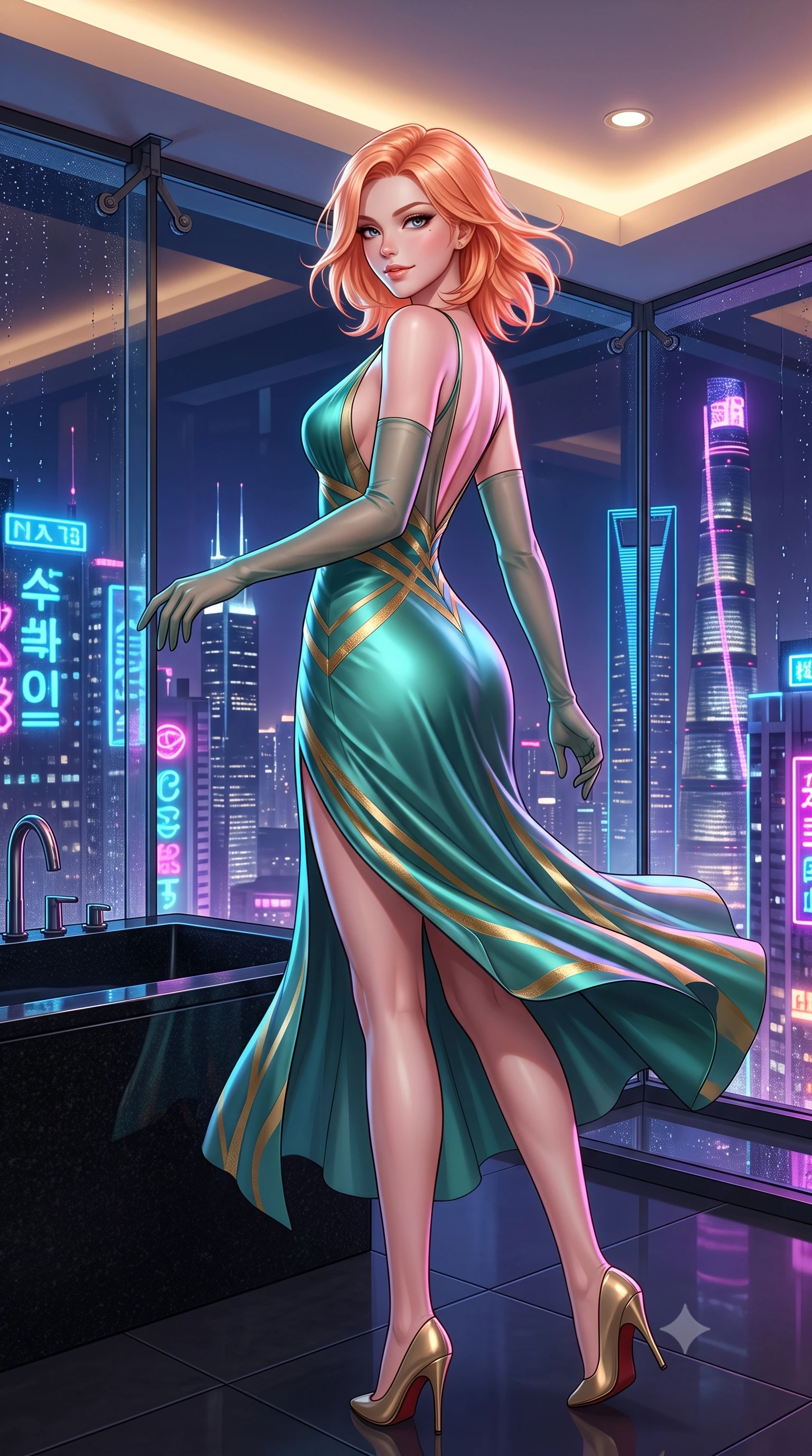 score_9, masterpiece, best quality, ultra-detailed, high-budget anime keyframe, semi-realistic 3D game render, editorial fashion photography, tasteful artistic composition, Japanese woman. low angle full-body shot from head to toe showing her feet, filling the entire 9:16 vertical frame with her statuesque presence, stretching her vertical silhouette. executing a slow, graceful pivot turn as her skirt sways around her slender legs, glancing back with an enchanting, teasing sensual expression while leaning against the frameless panoramic glass wall with hips cocked back, casting an alluring bedroom-gaze over the endless sea of Shanghai skyscrapers. The surrounding environment is rendered in vivid detail and crisp panoramic clarity: sharp frameless glass corner structural joints, honed black granite tub textures, and condensation water beads in deep focus. She has an exceptionally tall and slender model-like 8.5-heads proportion, an ultra-slim waist, a flat toned midriff, narrow delicate ribcage, and beautifully sculpted feminine hips creating a graceful, slim hourglass silhouette without any bulky heaviness, with impossibly long slender legs. sharp v-shaped jawline, high-bridge nose, intricate jewel-like sparkling eyes with depth, thick eyelashes, glossy parted lips with a natural peach sheen, bright cheerful beaming smile with an enchanting and coquettish sensual glint, exuding both youthful cute charm and seductive allure, flawlessly proportioned anatomical accuracy, strict slender model proportions, natural body alignment, perfectly sculpted long slender limbs, ultra-slim waistline, clean dynamic posture without body distortion. wearing a plunge-front sheer illusion tulle slip dress with liquid gold ribbon stripes hugging her curves in French Concession jade green and gilded bronze, crafted from fluid liquid silk satin that clings smoothly to her narrow waist and rounded hips with a dewy sheen, complemented by sheer opera-length evening gloves tracing her slender arms, the liquid-tight tailored fabric clinging flawlessly to her narrow waist and rounded feminine hips, emphasizing every millimeter of her sculpted slim hourglass curves without any bulky heaviness. bathed in the dramatic neon ambient of the cyberpunk metropolis contrasted with dim 2800K recessed cove downlights. highly saturated vibrant anime colors, detailed shading with soft gradients, rich glossy textures, high-contrast stereoscopic depth, volumetric dynamic lighting, master piece, 9:16 ratio