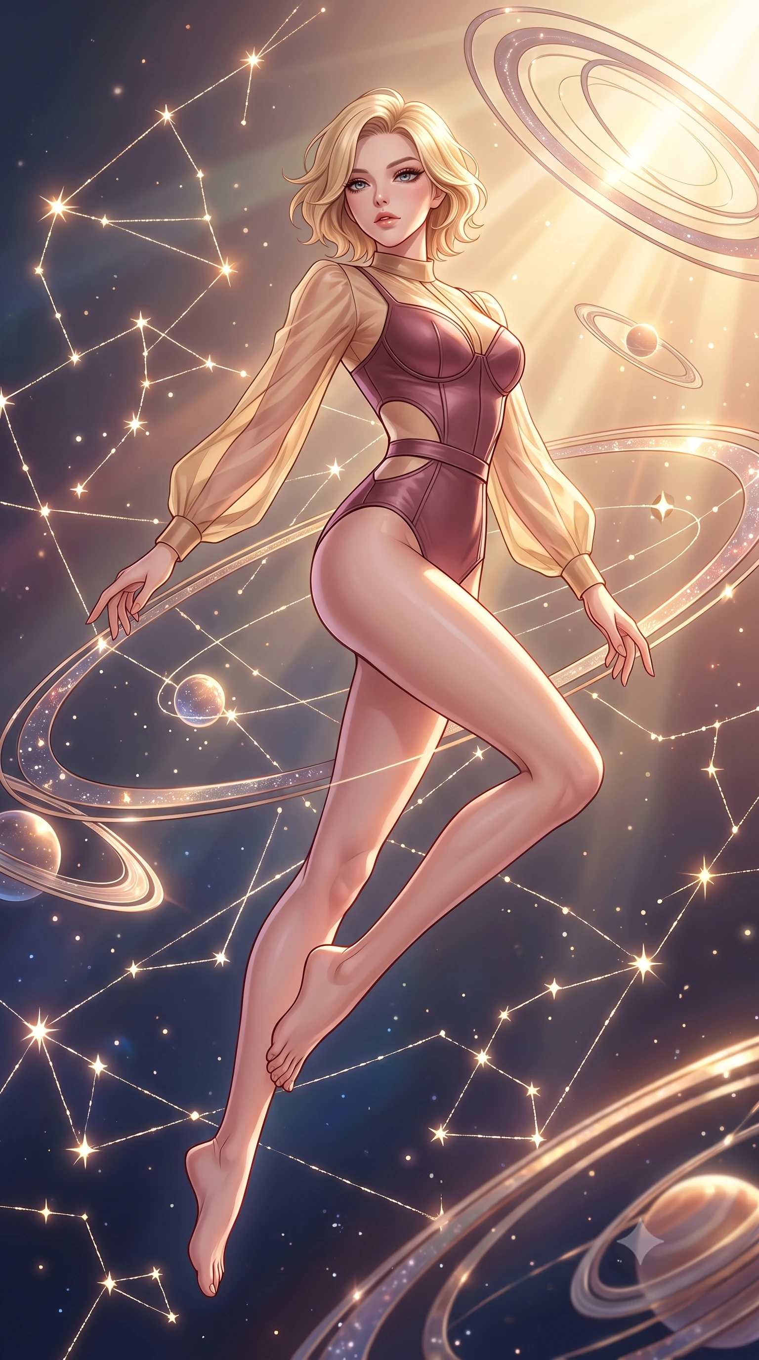 score_9, masterpiece, best quality, ultra-detailed, high-budget anime keyframe, editorial fashion photography, tasteful artistic composition, Caucasian woman. low angle full-body shot from head to toe showing her feet, filling the entire 9:16 vertical frame with her statuesque presence, stretching her vertical silhouette. leaping gracefully through the environment with statuesque elegance and long slender legs navigating a constellation map woven from starlight threads, glowing constellation lines tracing intricate patterns nearby. She has an absolutely perfect, statuesque 8.5-heads proportion, an exceptionally tall and slender model-like female figure with impossibly long slender legs and an ultra-slim waist. sharp v-shaped jawline, high-bridge nose, intricate jewel-like eyes with depth, thick eyelashes, glossy lips with a natural sheen. wearing a tailored leather bustier over a sheer silk chiffon blouse in dusty rose and champagne gold, woven from fine semi-opaque sheer organza, featuring clean architectural cutouts along her slender torso, the tailored fabric tightly following every curve of her athletic build. bathed in warm sunbursts filtering through floating orbital rings. highly saturated vibrant anime colors, detailed shading with soft gradients, rich glossy textures, high-contrast stereoscopic depth, volumetric dynamic lighting, master piece, 9:16 ratio