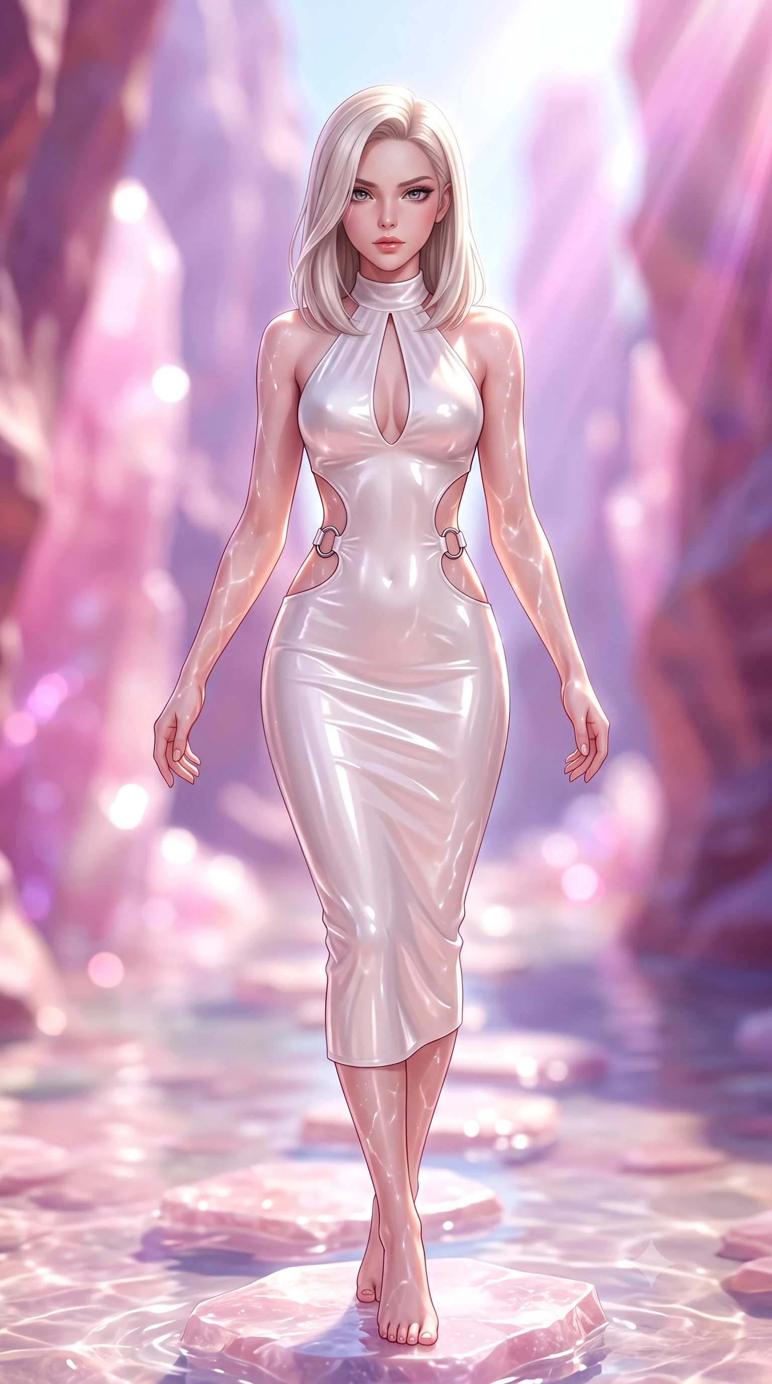 score_9, masterpiece, best quality, ultra-detailed, high-budget anime keyframe, semi-realistic 3D game render, editorial fashion photography, tasteful artistic composition, Caucasian woman. close-up cowboy shot from the waist and thighs up, the character dominates the composition, filling the frame with her large presence. gazing directly into the lens with bedroom eyes and a breathtaking, dangerous allure that commands the entire composition while pivoting dynamically on a submerged quartz stepping stone as brilliant midday sunbeams create shimmering water caustics. The composition keeps background elements in soft focus with creamy bokeh. towering rose quartz and amethyst canyon spires blurred into radiant pastel pink and violet bokeh. She has an exceptionally elegant, slender, and willowy female figure with an ultra-slim waist, a gracefully sculpted slender torso, toned flat midriff, and a refined slim silhouette. sharp v-shaped jawline, high-bridge nose, intricate jewel-like eyes with depth, thick eyelashes, glossy lips with a natural sheen, flawlessly proportioned anatomical accuracy, strict slender model proportions, natural body alignment, perfectly sculpted long slender limbs, ultra-slim waistline, clean dynamic posture without body distortion. wearing a velvet halter-neck midi dress fitting her statuesque contour flawlessly with a Tasteful chest slit and open spine in glistening liquid pearl white with rainbow opalescence, crafted from ultra-reflective second-skin latex with a high-gloss glass-like polish, detailed with polished silver rings connecting the daring side-waist cutouts, the form-contouring material adhering flawlessly to her sculpted flat midriff and slender torso, emphasizing her long leg lines and perfectly proportioned willowy build. bathed in bright midday sunbeams penetrating canyon depths with glowing pink and violet crystal refractions. highly saturated vibrant anime colors, detailed shading with soft gradients, rich glossy textures, high-contrast stereoscopic depth, volumetric dynamic lighting, master piece, 9:16 ratio