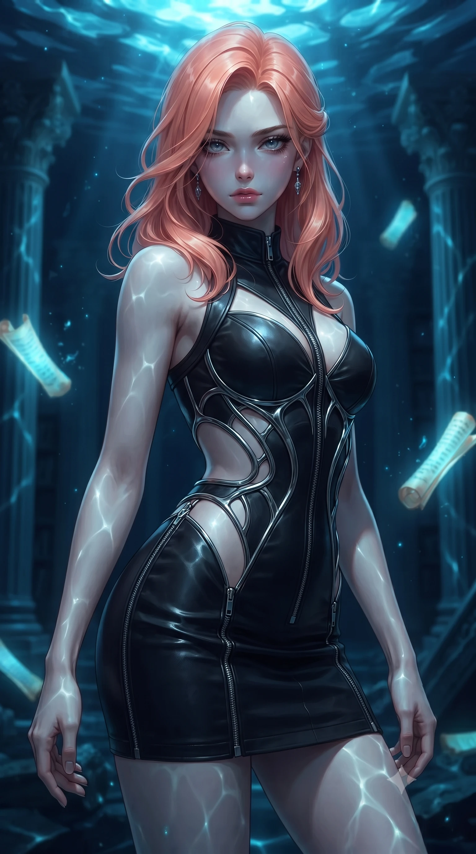 score_9, masterpiece, best quality, ultra-detailed, high-budget anime keyframe, editorial fashion photography, tasteful artistic composition, Japanese woman. close-up cowboy shot from the waist and thighs up, the character dominates the composition, filling the frame with her large presence, background elements kept in soft focus. Casting a slow, direct gaze beneath heavy lashes with quiet intensity, navigating a submerged ancient dark library with floating glowing sea scrolls, caustic underwater light ripples dancing dynamically on dark marble. She has an exceptionally elegant, slender, and willowy female figure with an ultra-slim waist, a gracefully sculpted slender torso, and a refined silhouette. sharp v-shaped jawline, high-bridge nose, intricate jewel-like eyes with depth, thick eyelashes, glossy lips with a natural sheen. wearing architectural cut-out dark leather mini dress with sculpted metallic boning in obsidian black, made of soft dark satin, finished with metallic silver boning and sleek zipper points, following her slender form with tailored precision. lit by intense deep-sea key light piercing through midnight ocean depths. highly saturated vibrant anime colors, detailed shading with soft gradients, rich glossy textures, high-contrast stereoscopic depth, volumetric dynamic lighting, master piece, 9:16 ratio