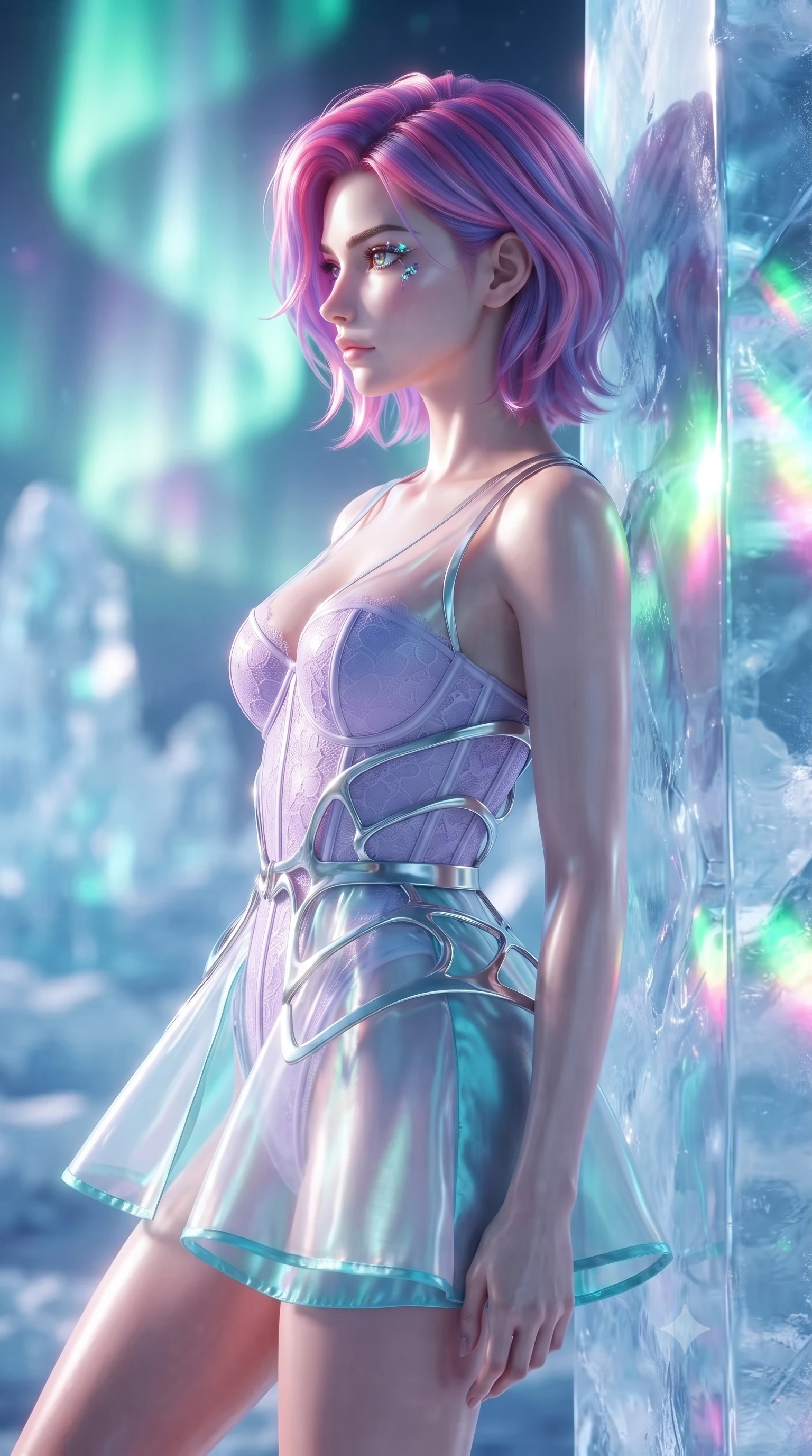 score_9, masterpiece, best quality, ultra-detailed, high-budget anime keyframe, editorial fashion photography, tasteful artistic composition, Caucasian woman. close-up cowboy shot from the waist and thighs up, the character dominates the composition, filling the frame with her large presence, background elements kept in soft focus. Turning her face in sharp dramatic profile against the radiant light, resting against a polished ice pillar reflecting radiant spectrums of polar light, high-contrast ice facets refracting sharp emerald and magenta specular highlights. She has an exceptionally elegant, slender, and willowy female figure with an ultra-slim waist, a gracefully sculpted slender torso, and a refined silhouette. sharp v-shaped jawline, high-bridge nose, intricate jewel-like eyes with depth, thick eyelashes, glossy lips with a natural sheen. wearing translucent opal organza mini dress over structured white lace corset in pastel lavender violet, made of iridescent turquoise taffeta, highlighted by a platinum metallic harness structure, sculpting her athletic slender build with refined precision. lit by intense aurora key light cutting through clear translucent ice. ultra-reflective glossy finish, specular highlights, metallic sheen, high-contrast stereoscopic depth, volumetric dynamic lighting, 2k, ultra detail, master piece, 9:16 ratio