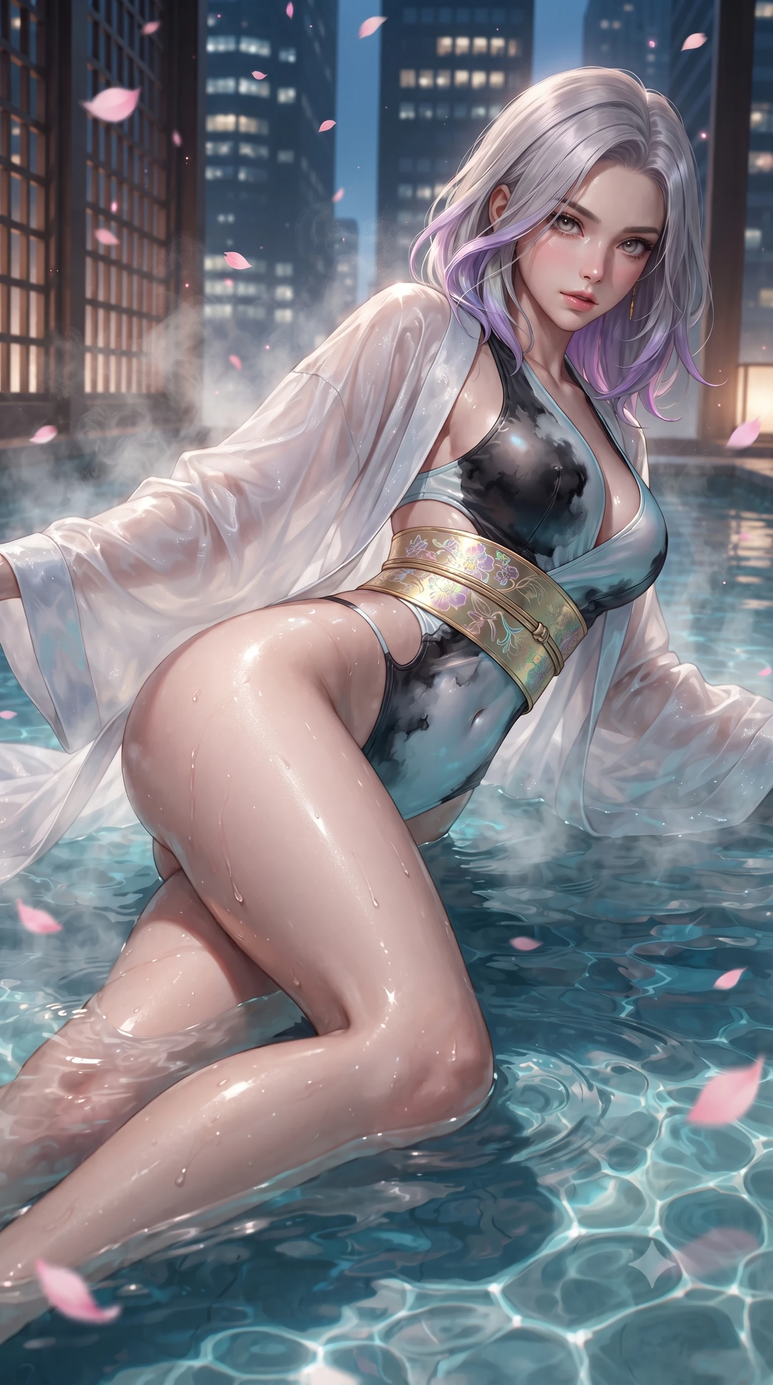 score_9, masterpiece, best quality, ultra-detailed, high-budget anime keyframe, editorial fashion photography, tasteful artistic composition, Caucasian woman. low angle full-body shot from head to toe showing her feet, filling the entire 9:16 vertical frame with her statuesque presence, stretching her vertical silhouette. reclining on her side in an elegant Cleopatra pose with one knee drawn up, the dramatic contour of her rounded hips and long slender legs commanding the 9:16 vertical frame while wading through the thermal mineral pool beneath falling pink sakura petals, arching her spine in pure pleasure as steam curls around her waist. The surrounding environment is rendered in vivid detail and crisp panoramic clarity. detailed mineral pool ripple caustics, cedar lattice work, and city skyscraper windows in high clarity. She has an absolutely perfect, statuesque 8.5-heads proportion, an exceptionally tall and slender model-like female figure with impossibly long slender legs, a toned flat midriff, an ultra-slim waist, and beautifully sculpted feminine hips. sharp v-shaped jawline, high-bridge nose, intricate jewel-like eyes with depth, thick eyelashes, glossy parted lips with a natural sheen, intensely captivating and seductive bedroom-eyes expression, flawlessly proportioned anatomical accuracy, strict slender model proportions, natural body alignment, perfectly sculpted long slender limbs, ultra-slim waistline, clean dynamic posture without body distortion. wearing an ethereal moonlit gossamer silk robe worn open over a form-fitting pearlescent monokini in dark ink-wash black and radiant moonlight cyan, tailored from crisp ceremonial cotton and multi-layered translucent chiffon, complemented by a wide metallic gold obi sash with holographic floral embroidery, the precision-cut side openings and low-back scoop framing her graceful spine and the sensual sweep of her hips. illuminated by wet specular reflections accentuating her sculpted collarbones, narrow waist, and curvy hips. ultra-reflective glossy finish, specular highlights, rich textural contrasts, high-contrast stereoscopic depth, volumetric dynamic lighting, 2k, ultra detail, master piece, 9:16 ratio