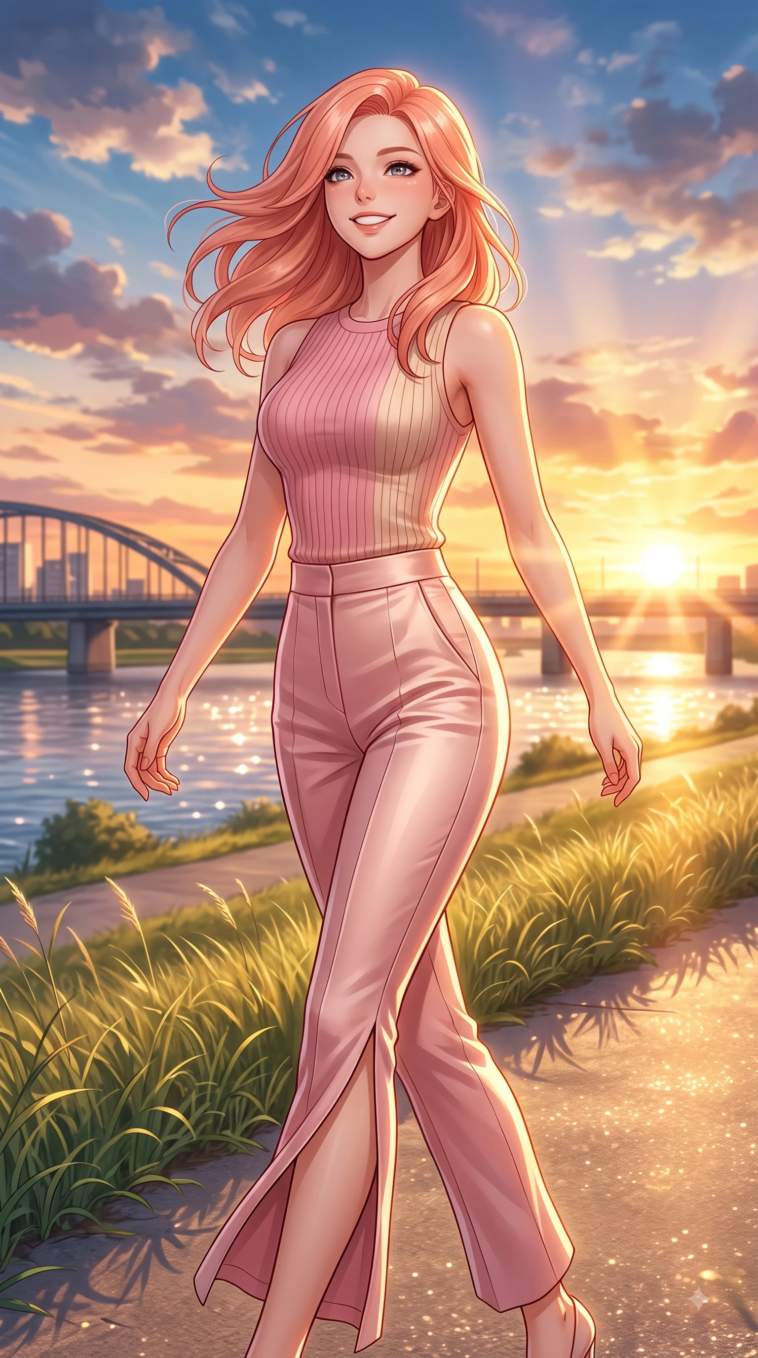 score_9, masterpiece, best quality, ultra-detailed, high-budget anime keyframe, editorial fashion photography, tasteful artistic composition, Japanese woman. close-up cowboy shot from the waist and thighs up, the character dominates the composition, filling the frame with her large presence. Tilting her chin up with a sweet beaming smile of pure delight while balancing dynamically amidst the scene while walking cheerfully along a park pathway bordered by swaying grass as sunset light paints the sky. The surrounding environment is rendered in vivid detail and crisp panoramic clarity. sparkling river waters, iconic city bridge outlines, and dramatic sunset sky clouds in crisp detail. She has an exceptionally elegant, slender, and willowy female figure with an ultra-slim waist, a gracefully sculpted slender torso, and a refined silhouette. sharp v-shaped jawline, high-bridge nose, intricate jewel-like eyes with depth, thick eyelashes, glossy lips with a natural sheen, flawlessly proportioned anatomical accuracy, natural body alignment, perfectly sculpted elegant limbs, clean dynamic posture without body distortion. wearing a form-contouring ribbed knit top paired with high-waisted tailored stretch trousers in bright cherry blossom pink and champagne, crafted from smooth liquid silk satin, featuring a sleek side leg slit ascending to mid-thigh, the glove-like fit emphasizing her statuesque silhouette during motion. bathed in glorious golden hour sunset sunbeams and warm amber sky radiance. highly saturated vibrant anime colors, detailed shading with soft gradients, rich glossy textures, high-contrast stereoscopic depth, volumetric dynamic lighting, master piece, 9:16 ratio