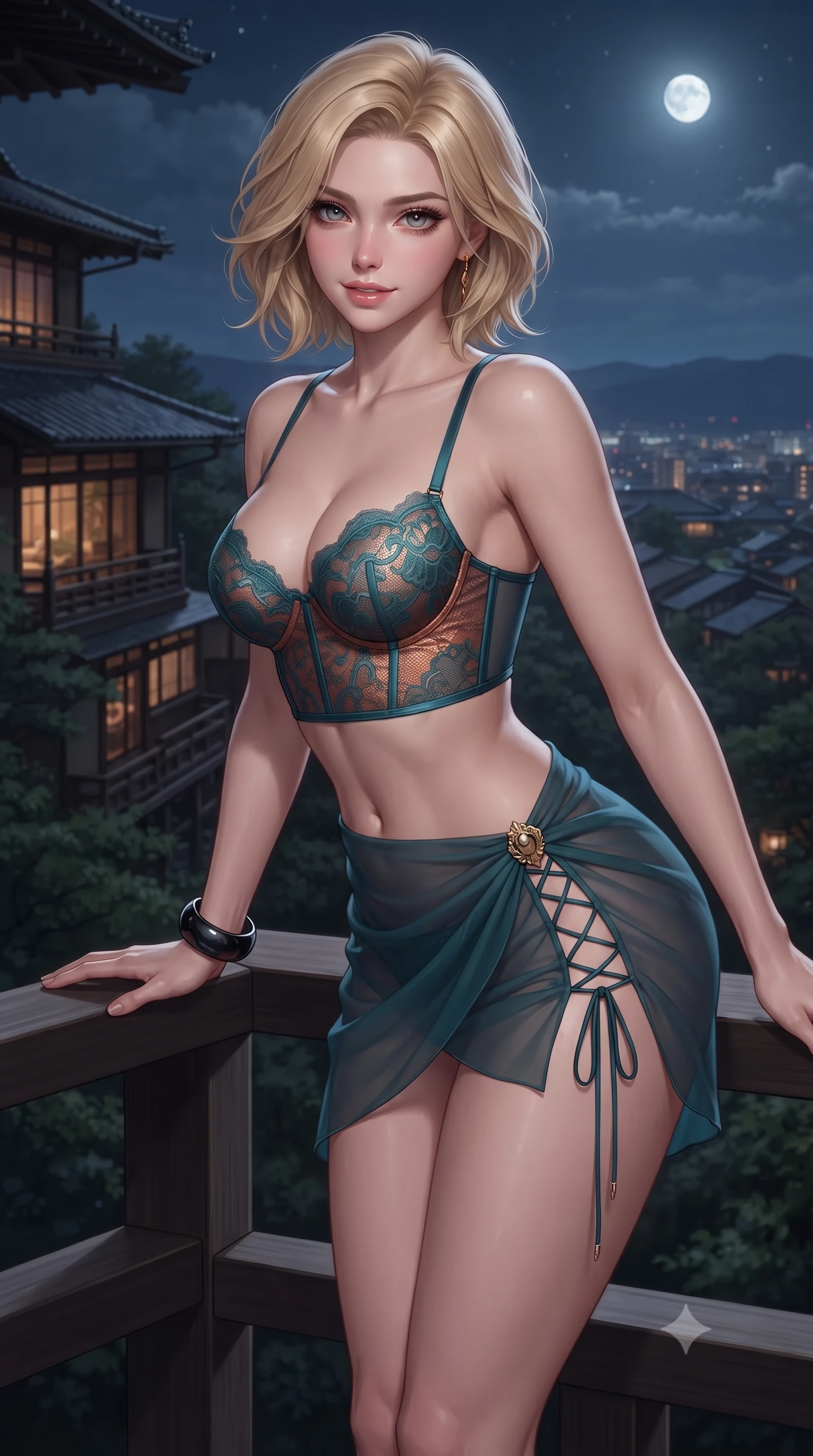 score_9, masterpiece, best quality, ultra-detailed, high-budget anime keyframe, editorial fashion photography, tasteful artistic composition, Caucasian woman. close-up cowboy shot from the waist and thighs up, the character dominates the composition, filling the frame with her large presence. leaning forward while arching her lower back to accentuate her curvy hips, looking into the camera with an intoxicating smoldering gaze and bedroom-eyes while standing poised on the cantilevered dark cedar deck high over Kyoto valley, arching her spine with breathtaking supermodel elegance against the moonlit skyline. The surrounding environment is rendered in vivid detail and crisp panoramic clarity: detailed plunging cowl-neck liquid silk gown drape, obsidian wrist bangle gleam, and Japanese hillside villa design in high resolution. She has an exceptionally elegant, slender, and willowy female figure with an ultra-slim waist, flat toned midriff, narrow ribcage, and sculpted feminine hips creating an alluring, slim hourglass silhouette without bulk. sharp v-shaped jawline, high-bridge nose, sparkling eyes with hypnotic seductive depth, thick curled eyelashes, glossy parted lips with a natural dewy peach sheen, alluring bedroom-eyes with an enchanting coquettish smile, exuding magnetic siren charisma and sophisticated glamour, flawlessly proportioned anatomical accuracy, strict slender model proportions, natural body alignment, perfectly sculpted long slender limbs, ultra-slim waistline, clean dynamic posture without body distortion. wearing a delicate French lace underwire bustier paired with a draped sheer chiffon wrap mini skirt and gold hip brooch in Ubud rainforest teal and sunset copper, made of semi-opaque stretch illusion mesh with soft shadowy contours, featuring fine criss-cross lace-up side ties revealing tantalizing glimpses of her hip curve, the high-slit wrap tailoring accentuating her ultra-slim waistline and the enchanting curve of her feminine hips with alluring seductive charm. bathed in soft low-voltage floor wash lighting combined with distant city glow and silver full moonlight. ultra-reflective glossy finish, specular highlights, rich textural contrasts, high-contrast stereoscopic depth, volumetric dynamic lighting, 2k, ultra detail, master piece, 9:16 ratio
