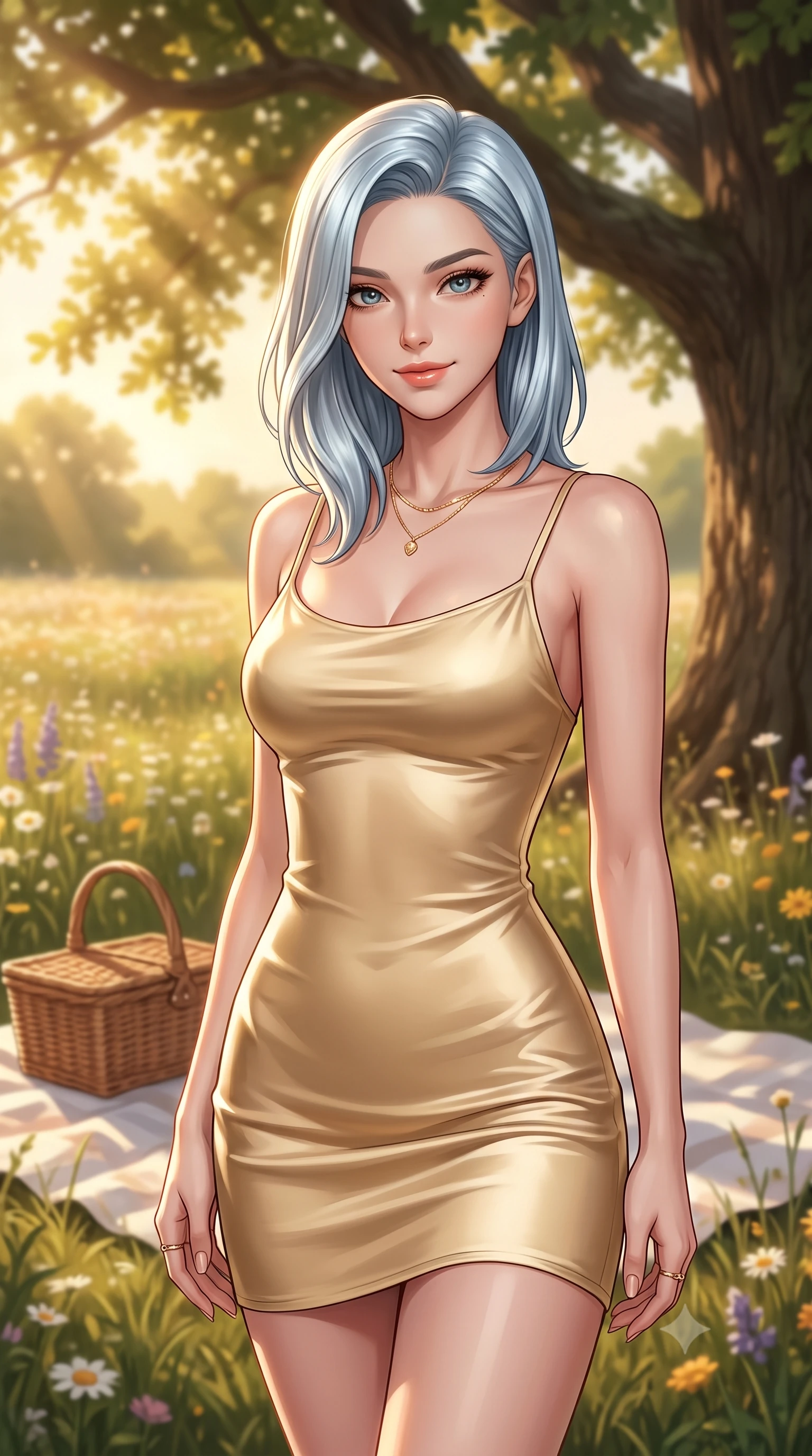 score_9, masterpiece, best quality, ultra-detailed, high-budget anime keyframe, editorial fashion photography, tasteful artistic composition, Korean woman woman. close-up cowboy shot from the waist and thighs up, the character dominates the composition, filling the frame with her large presence, background elements kept in soft focus. tilting her head slightly with a gentle, friendly smile under the warm sun the background shows a soft-focus a picnic blanket under the shade of a large oak tree in a vast field of wildflowers. She has an exceptionally elegant, slender, and willowy female figure with an ultra-slim waist, a gracefully sculpted slender torso, and a refined silhouette. sharp v-shaped jawline, high-bridge nose, intricate jewel-like eyes with depth, thick eyelashes, glossy lips with a natural sheen. wearing a slim-fit form-fitting slip dress in soft gold satin, tracing her willowy silhouette. warm golden afternoon sunbeams filtering through the oak leaves. 2k, ultra detail, master piece, 9:16 ratio