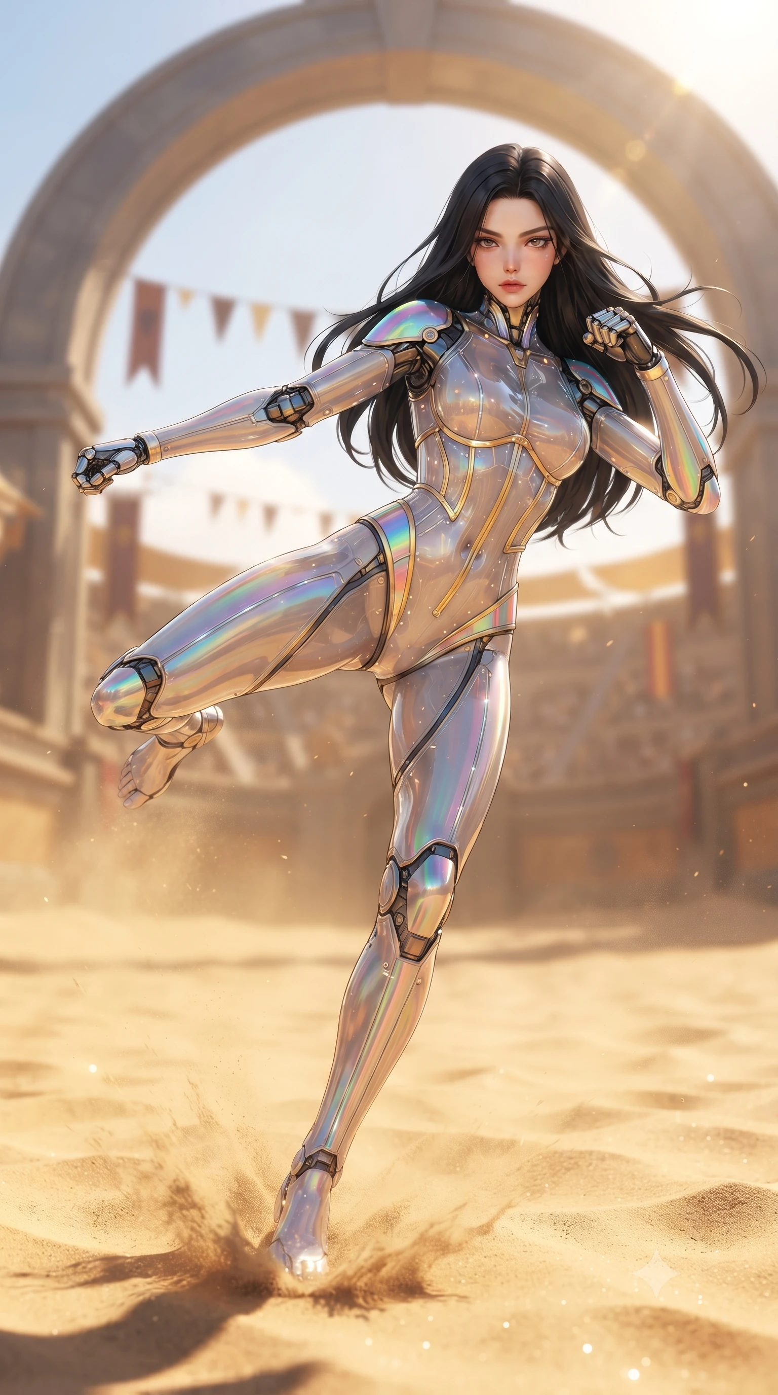 score_9, masterpiece, best quality, ultra-detailed, high-budget anime keyframe, editorial fashion photography, tasteful artistic composition, Korean woman. low angle full-body shot from head to toe showing her feet, filling the entire 9:16 vertical frame with her statuesque presence, stretching her vertical silhouette. pivoting dynamically in a high-speed low sweep kick along the reflective floor, her athletic torso and ultra-slim waist twisting in a fluid arc of power while pivoting dynamically as her heel strikes the arena ground, sending a shockwave ripple through the sunlit golden sand. The composition keeps background elements in soft focus with creamy bokeh. massive arena titanium arches and banner pennants softened in dramatic shallow depth of field. She has an absolutely perfect, statuesque 8.5-heads proportion, an exceptionally tall and slender model-like female figure with impossibly long slender legs, a toned flat midriff, and an ultra-slim waist. sharp v-shaped jawline, high-bridge nose, intricate jewel-like eyes with depth, thick eyelashes, glossy lips with a natural sheen, flawlessly proportioned anatomical accuracy, strict slender model proportions, natural body alignment, perfectly sculpted long slender limbs, ultra-slim waistline, clean dynamic posture without body distortion. wearing a precision-tailored high-fashion carbon-fiber corset bodysuit with gold mechanical rib boning and kinetic shock-dampening palms in high-gloss iridescent rainbow carbon with prism holographic sheen, crafted from semi-translucent cybernetic carbon-vinyl interwoven with glowing micro-filaments, finished with high-mobility flexible limb seams and miniature magnetic armor locks, the form-contouring material adhering flawlessly to her sculpted flat midriff and slender torso, emphasizing her long leg lines and perfectly proportioned willowy build. bathed in brilliant midday desert sunshine and warm golden sand surface reflections. ultra-reflective glossy finish, specular highlights, dark metallic sheen, high-contrast stereoscopic depth, volumetric dynamic lighting, 2k, ultra detail, master piece, 9:16 ratio