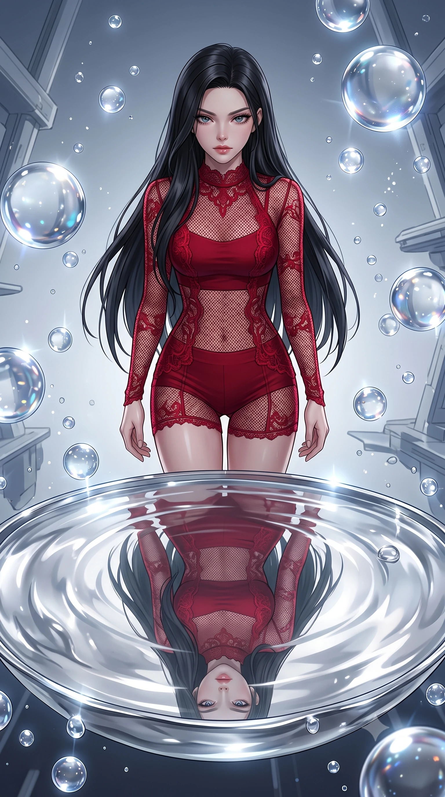 score_9, masterpiece, best quality, ultra-detailed, High-budget Anime Keyframe, East Asian woman. Low angle cowboy shot filling the entire 9:16 frame with her statuesque presence. Scenario 428: gazing at her reflection in a pool of liquid silver in a zero-gravity sanctuary filled with floating water spheres. Her presence is magnetic and overpowering in this high-budget anime scene. Outfit 428: a slim-fit crimson red micro-mesh lace mini dress worn over an opaque crop top and high-waisted shorts. The clothing is designed to emphasize her exceptionally tall and slender 8-heads proportion. 8-heads proportion, towering silhouette, ultra-slim waist. sharp v-shaped jawline, intricate jewel-like eyes with depth, thick eyelashes, glossy lips. 2k, ultra detail, master piece, 9:16 ratio