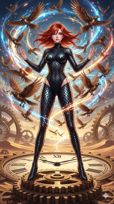 score_9, masterpiece, best quality, ultra-detailed, Set A: High-budget Anime Keyframe, Japanese woman. Low angle cowboy shot filling the entire 9:16 frame with her statuesque presence. Standing victoriously through a clockwork desert, surrounded by a