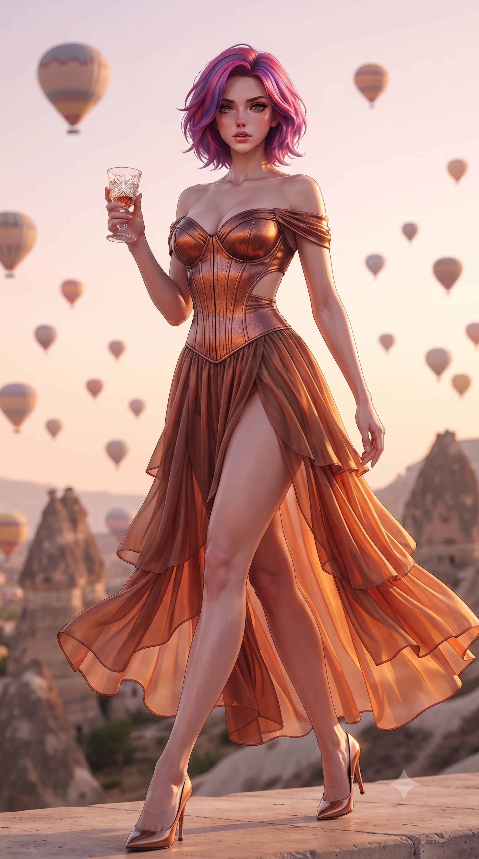 score_9, masterpiece, best quality, ultra-detailed, high-budget anime keyframe, editorial fashion photography, tasteful artistic composition, Caucasian woman. low angle full-body shot from head to toe showing her feet, filling the entire 9:16 vertical frame with her statuesque presence, stretching her vertical silhouette. striding forward in a proud supermodel runway stride, hips swaying in an alluring kinetic rhythm that accentuates her curvy hourglass silhouette while sitting perched on the terrace ledge with legs crossed and tea glass in hand, her long slender limbs and narrow waist commanding the frame. The composition keeps background elements in soft focus with creamy bokeh. hundreds of floating hot air balloons and volcanic fairy chimneys blurred into soft pastel rose, gold, and terracotta bokeh. She has an exceptionally tall and slender model-like 8.5-heads proportion, an ultra-slim waist, a flat toned midriff, narrow delicate ribcage, and beautifully sculpted feminine hips creating a graceful, slim hourglass silhouette without any bulky heaviness, with impossibly long slender legs. sharp v-shaped jawline, high-bridge nose, intricate jewel-like eyes with depth, thick eyelashes, glossy parted lips with a natural sheen, intensely captivating and seductive bedroom-eyes expression, flawlessly proportioned anatomical accuracy, strict slender model proportions, natural body alignment, perfectly sculpted long slender limbs, ultra-slim waistline, clean dynamic posture without body distortion. wearing an off-shoulder French court corset bodice dress paired with a tiered translucent chiffon slit skirt in rich copper bronze and warm amber, crafted from luxurious metallic lamé that shifts radiance with every step, finished with criss-cross back satin straps highlighting her graceful shoulder blades, the precision-cut side openings and low-back scoop framing her graceful spine and the sensual sweep of her slim, toned hips. illuminated by crisp directional dawn light sharply sculpting her razor-sharp jawline, narrow waist, and curvy hips. ultra-reflective glossy finish, specular highlights, rich textural contrasts, high-contrast stereoscopic depth, volumetric dynamic lighting, 2k, ultra detail, master piece, 9:16 ratio