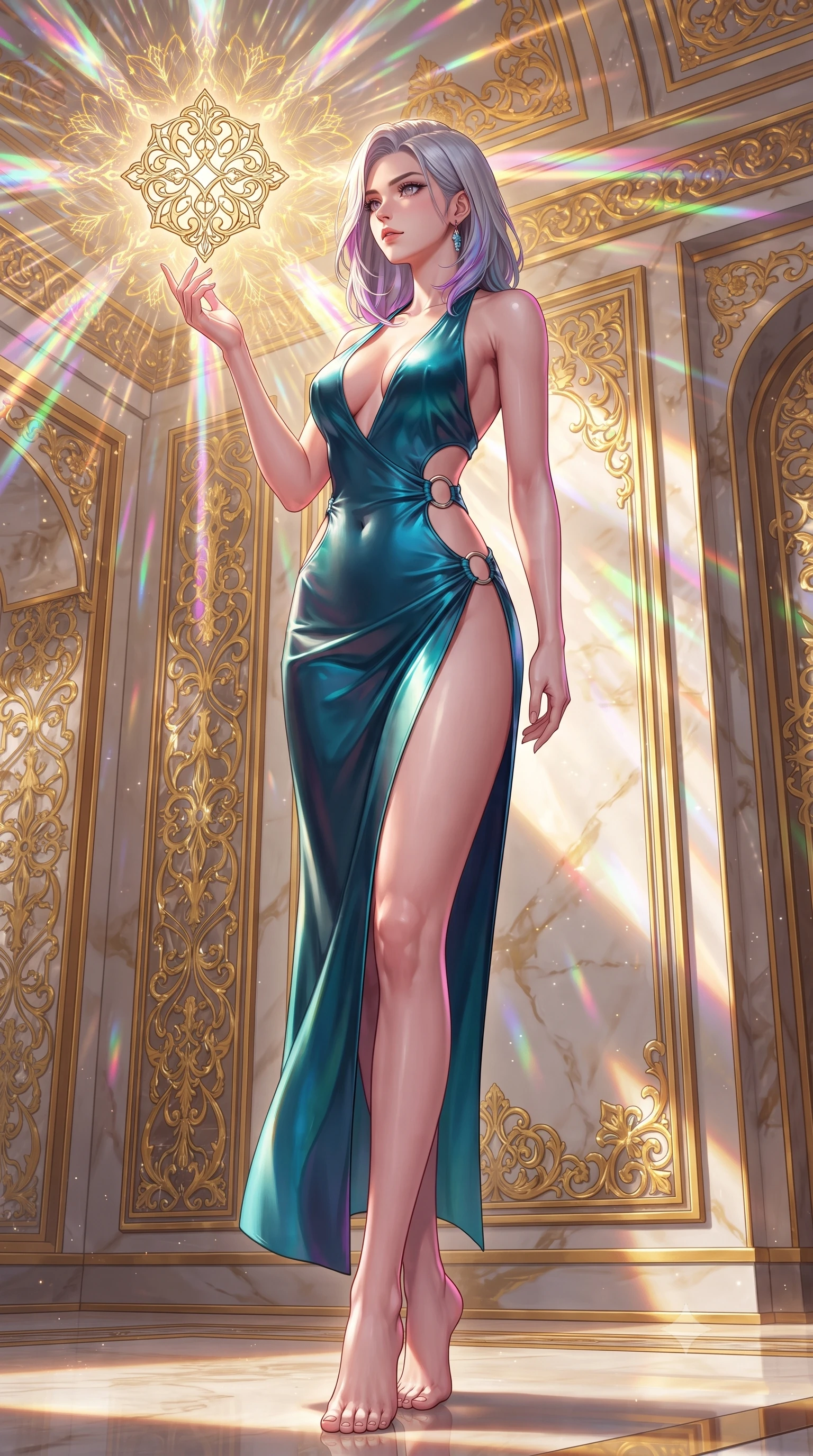 score_9, masterpiece, best quality, ultra-detailed, high-budget anime keyframe, editorial fashion photography, tasteful artistic composition, Caucasian woman. low angle full-body shot from head to toe showing her feet, filling the entire 9:16 vertical frame with her statuesque presence, stretching her vertical silhouette. navigating the luminous space with effortless poise, displaying her perfect model proportions touching a floating golden icon surrounded by kaleidoscope light rays, golden filigree details on the architecture shining with brilliant luster. She has an absolutely perfect, statuesque 8.5-heads proportion, an exceptionally tall and slender model-like female figure with impossibly long slender legs and an ultra-slim waist. sharp v-shaped jawline, high-bridge nose, intricate jewel-like eyes with depth, thick eyelashes, glossy lips with a natural sheen. wearing a deep-scoop halter neck bodycon dress with daring hip cutouts connected by silver rings, the elegant draped fit framing her graceful clavicle and slender torso. illuminated by a warm golden key light and brilliant multi-color rim light. highly saturated vibrant anime colors, detailed shading with soft gradients, rich glossy textures, high-contrast stereoscopic depth, volumetric dynamic lighting, master piece, 9:16 ratio