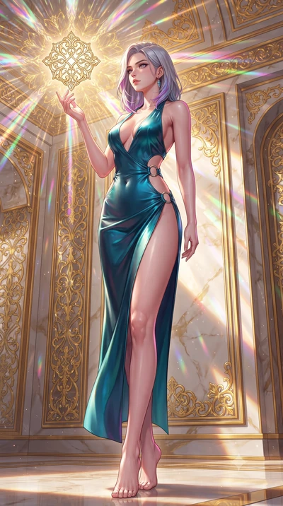 score_9, masterpiece, best quality, ultra-detailed, high-budget anime keyframe, editorial fashion photography, tasteful artistic composition, Caucasian woman. low angle full-body shot from head to toe showing her feet, filling the entire 9:16 vertica