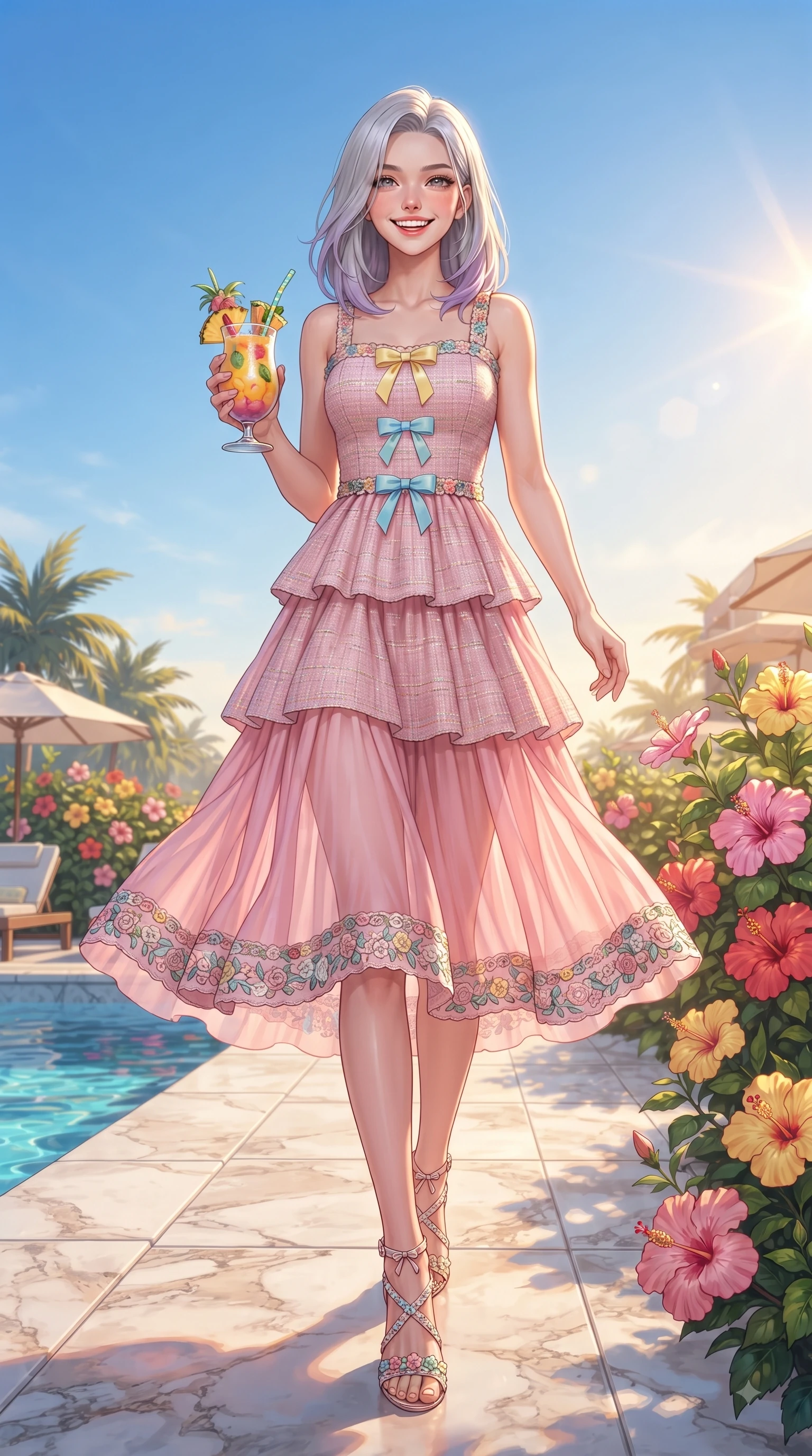 score_9, masterpiece, best quality, ultra-detailed, high-budget anime keyframe, editorial fashion photography, tasteful artistic composition, Caucasian woman. low angle full-body shot from head to toe showing her feet, filling the entire 9:16 vertical frame with her statuesque presence, stretching her vertical silhouette. walking forward in a proud dynamic stride with a cheerful beaming smile, her vertical silhouette filling the frame while sitting at a sun-drenched wicker poolside table enjoying a colorful tropical fruit smoothie. The surrounding environment is rendered in vivid detail and crisp panoramic clarity. detailed marble poolside tiles, blooming hibiscus flowers, and clear blue sky captured in crisp resolution. She has an absolutely perfect, statuesque 8.5-heads proportion, an exceptionally tall and slender model-like female figure with impossibly long slender legs and an ultra-slim waist. sharp v-shaped jawline, high-bridge nose, intricate jewel-like eyes with depth, thick eyelashes, glossy lips with a natural sheen, flawlessly proportioned anatomical accuracy, natural body alignment, perfectly sculpted elegant limbs, clean dynamic posture without body distortion. wearing a romantic pink tiered chiffon maxi dress decorated with delicate bow ribbons in sunny daffodil yellow and clear sky blue, tailored from soft pastel tweed with subtle metallic thread, complemented by delicate embroidered floral trim along the hem, the tailored casual silhouette highlighting her fresh and youthful presence. illuminated by warm golden afternoon sunbursts casting crisp highlights. ultra-reflective glossy finish, specular highlights, metallic sheen, high-contrast stereoscopic depth, volumetric dynamic lighting, 2k, ultra detail, master piece, 9:16 ratio