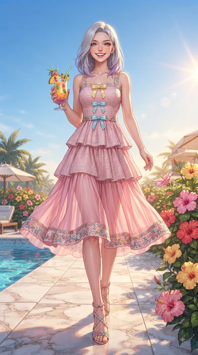 score_9, masterpiece, best quality, ultra-detailed, high-budget anime keyframe, editorial fashion photography, tasteful artistic composition, Caucasian woman. low angle full-body shot from head to toe showing her feet, filling the entire 9:16 vertica