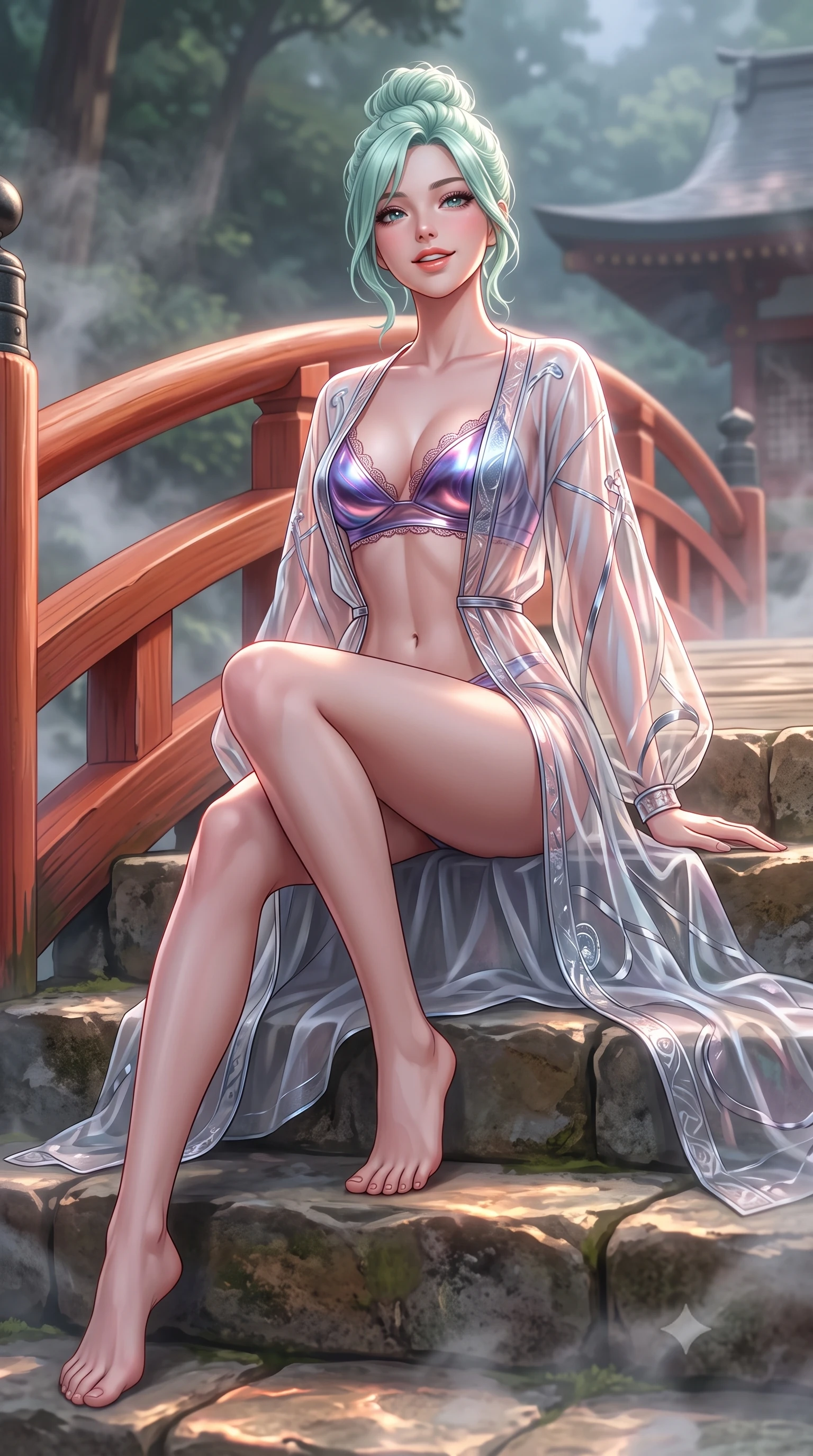 score_9, masterpiece, best quality, ultra-detailed, high-budget anime keyframe, semi-realistic 3D game render, editorial fashion photography, tasteful artistic composition, Japanese woman. low angle full-body shot from head to toe showing her feet, filling the entire 9:16 vertical frame with her statuesque presence, stretching her vertical silhouette. sitting poised on the stone steps with one knee bent, arching her spine with supermodel elegance as she glances upward through thick eyelashes while leaning against the smooth unlacquered cedar balustrade of the red arched bridge with hips cocked back, casting an intoxicating smoldering bedroom-gaze. The background shows a soft-focus drifting sulfur steam clouds softened in mystical Hakone mountain sanctuary shallow focus. She has an exceptionally tall and slender model-like 8.5-heads proportion, an ultra-slim waist, a flat toned midriff, narrow delicate ribcage, and beautifully sculpted feminine hips creating a graceful, slim hourglass silhouette without any bulky heaviness, with impossibly long slender legs. sharp v-shaped jawline, high-bridge nose, intricate jewel-like sparkling eyes with depth, thick eyelashes, glossy parted lips with a natural peach sheen, bright cheerful beaming smile with an enchanting and coquettish sensual glint, exuding both youthful cute charm and seductive allure, flawlessly proportioned anatomical accuracy, strict slender model proportions, natural body alignment, perfectly sculpted long slender limbs, ultra-slim waistline, clean dynamic posture without body distortion. wearing a delicate sheer organza futuristic caftan with metallic chrome accents worn open over a micro liquid-metal bralette in orbital nebula violet and luminescent rose gold, made of fluid liquid jersey with seamless sculpting hold and smooth contours, finished with scalloped eyelash lace trim framing her sweetheart neckline with intimate elegance, the second-skin tailored fabric adhering flawlessly to her sculpted flat midriff and slender torso, emphasizing her long leg lines and perfectly proportioned willowy build. illuminated by thermal river caustics bounce and sharp pearlescent-rose rim lights sculpting her jawline, flat midriff, and curvaceous hips. highly saturated vibrant anime colors, detailed shading with soft gradients, rich glossy textures, high-contrast stereoscopic depth, volumetric dynamic lighting, master piece, 9:16 ratio