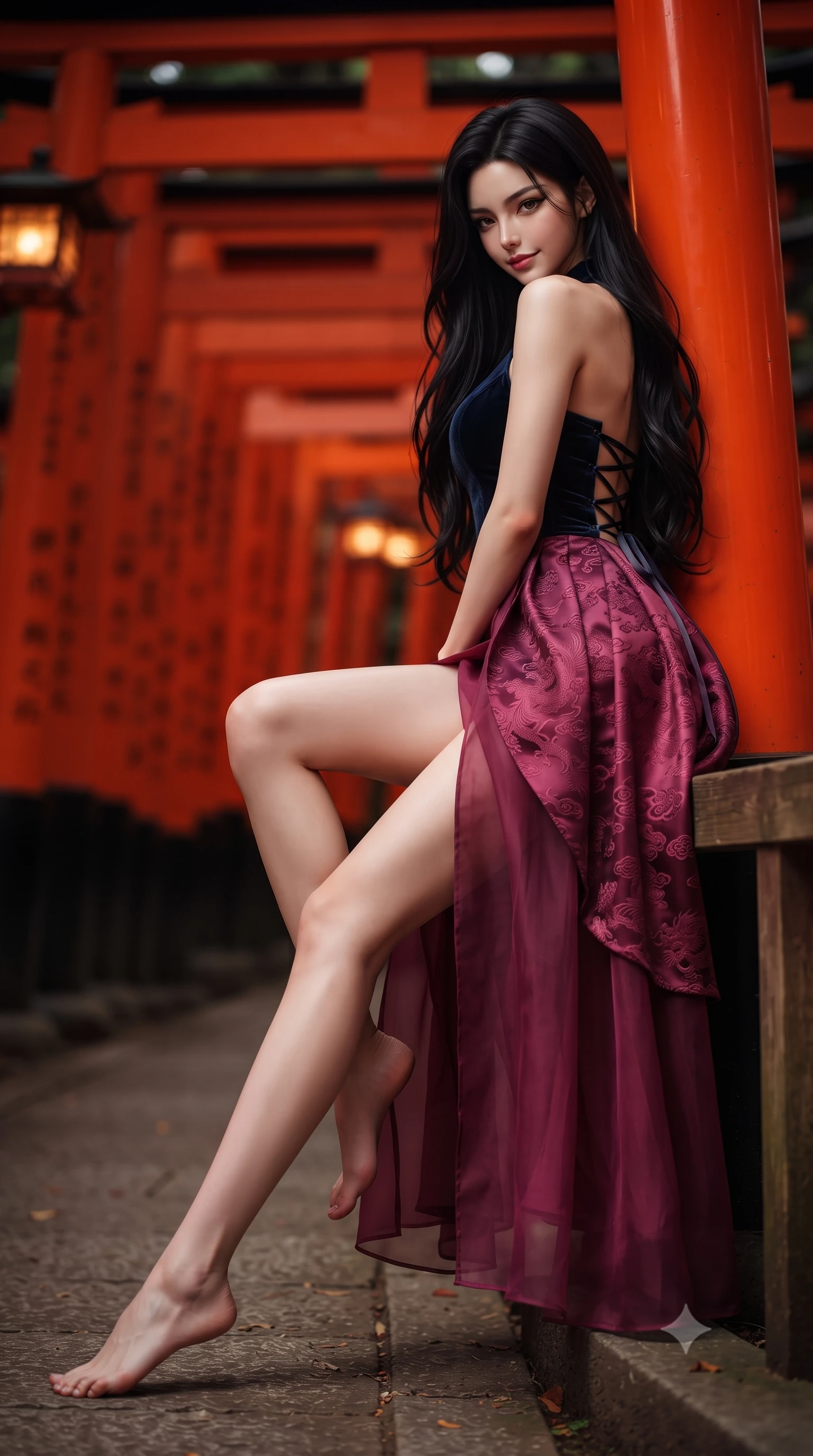 score_9, masterpiece, best quality, ultra-detailed, high-budget anime keyframe, editorial fashion photography, tasteful artistic composition, Korean woman. low angle full-body shot from head to toe showing her feet, filling the entire 9:16 vertical frame with her statuesque presence, stretching her vertical silhouette. sitting perched on the elevated pavilion terrace edge with legs crossed and hips angled toward the camera, displaying her toned midriff and long slender limbs with joyful, coquettish charm while leaning against a vermilion wooden gate post with hips cocked back, looking back over a bare shoulder with a dangerous, smoldering half-smile. The background shows a soft-focus thousands of tightly packed vermilion torii gates curving up Mount Inari blurred into fiery scarlet, vermilion, and forest shadow bokeh. She has an absolutely perfect, statuesque 8.5-heads proportion, an exceptionally tall and slender model-like female figure with impossibly long slender legs, an ultra-slim waist, a flat toned midriff, narrow delicate ribcage, and beautifully sculpted feminine hips creating a graceful, slim hourglass silhouette without any bulky heaviness. sharp v-shaped jawline, high-bridge nose, intricate jewel-like dark sparkling almond eyes with depth, thick lashes, glossy parted lips with a natural rose-plum sheen, bright alluring and coquettish smile with bedroom-eyes, exuding both timeless oriental elegance and sovereign high-fashion allure, flawlessly proportioned anatomical accuracy, strict slender model proportions, natural body alignment, perfectly sculpted long slender limbs, ultra-slim waistline, clean dynamic posture without body distortion. wearing a modern fusion hanbok dress with a structured velvet bodice and cascading sheer ombre organza skirt with front slit in deep lotus magenta and matte midnight navy, made of rich jacquard silk with intricate embossed dragon and cloud motifs, finished with criss-cross back satin laces tracing her slender spine, the precision-cut side hip slits and low-back scoop framing her graceful spine and the sensual sweep of her slim, toned hips. bathed in radiant vermilion and warm lantern illumination echoing endlessly down the wooden tunnel. ultra-reflective glossy finish, specular highlights, rich textural contrasts, high-contrast stereoscopic depth, volumetric dynamic lighting, 2k, ultra detail, master piece, 9:16 ratio