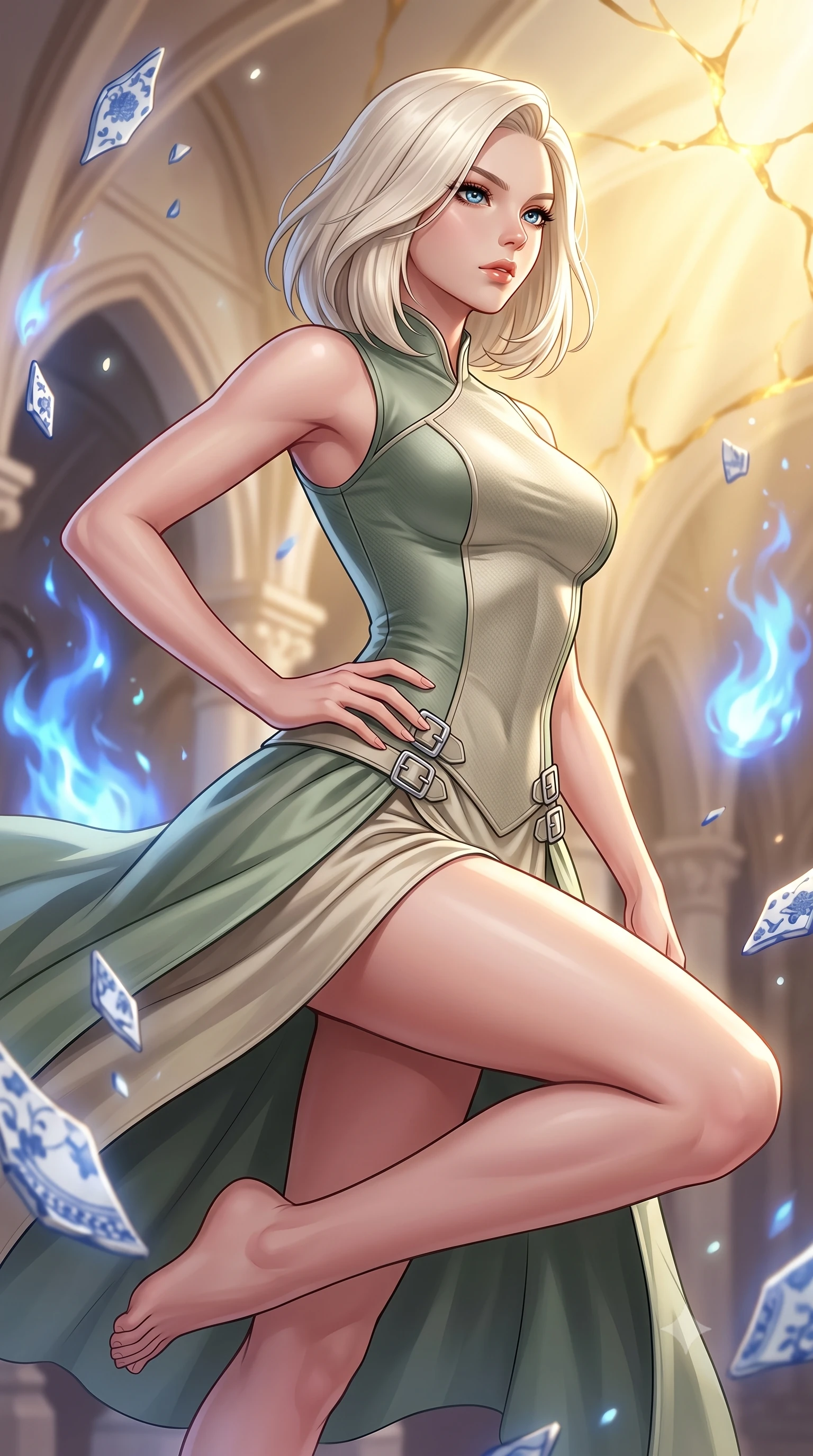 score_9, masterpiece, best quality, ultra-detailed, high-budget anime keyframe, editorial fashion photography, tasteful artistic composition, Caucasian woman. close-up cowboy shot from the waist and thighs up, the character dominates the composition, filling the frame with her large presence, background elements kept in soft focus. Holding a powerful dynamic pose with one hand on her hip and body angled dramatically toward the key light while leaping through an alchemical cathedral nave flanked by floating blue-and-white porcelain shards, soft sapphire alchemy flames dancing around bisque porcelain architectural arches. She has an exceptionally elegant, slender, and willowy female figure with an ultra-slim waist, a gracefully sculpted slender torso, and a refined silhouette. sharp v-shaped jawline, high-bridge nose, intricate jewel-like eyes with depth, thick eyelashes, glossy lips with a natural sheen, flawlessly proportioned anatomical accuracy, natural body alignment, perfectly sculpted elegant limbs, clean dynamic posture without body distortion. wearing a modern fusion silk hanbok dress with a structured bodice and flowing skirt in sage green and oatmeal, made of fine carbon-fiber weave and soft matte leather, detailed with polished silver buckles along the waistline, the sleek second-skin texture accentuating her magnetic presence. bathed in radiant golden kintsugi light radiating from ceramic cracks. highly saturated vibrant anime colors, detailed shading with soft gradients, rich glossy textures, high-contrast stereoscopic depth, volumetric dynamic lighting, master piece, 9:16 ratio