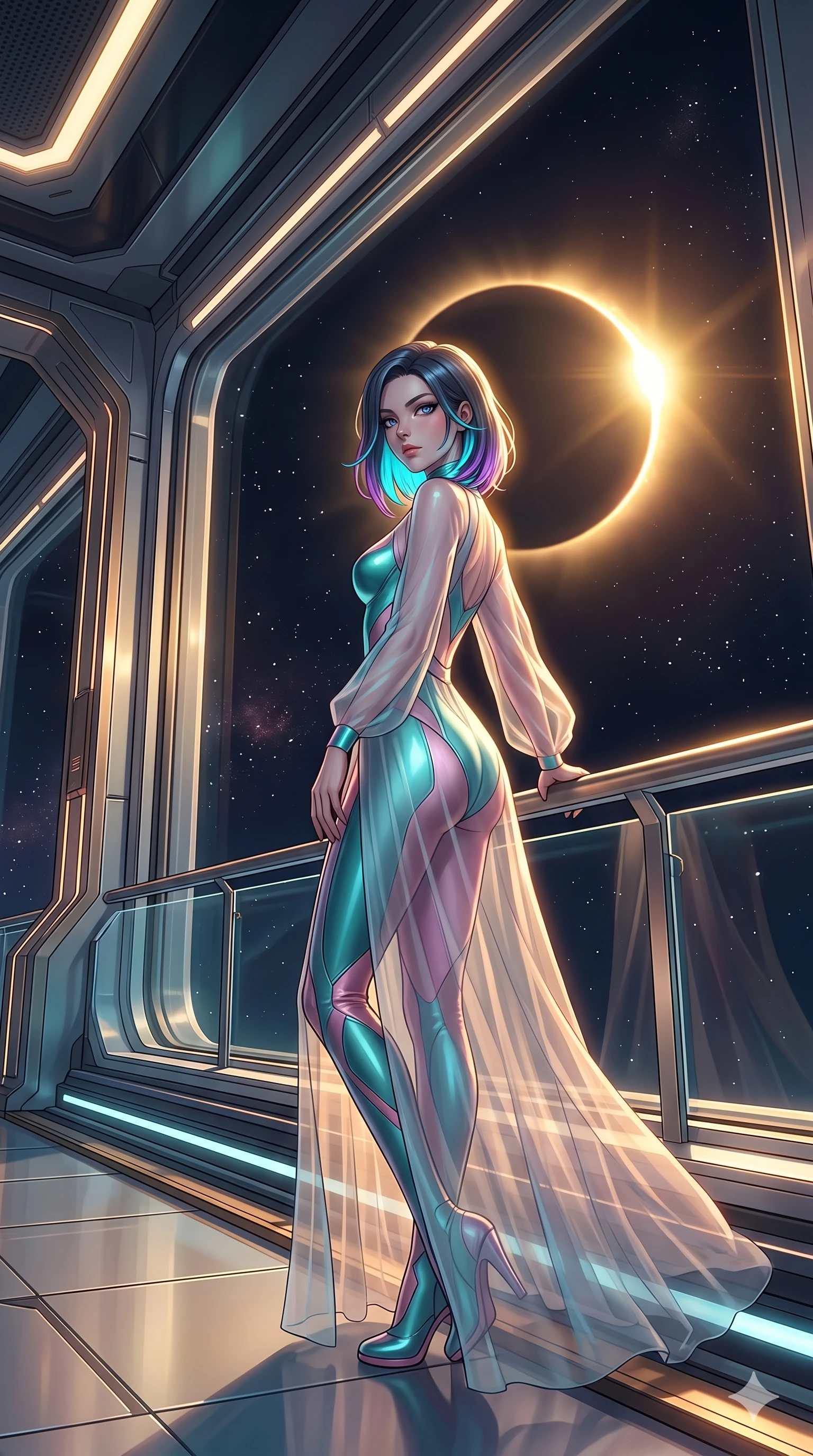 score_9, masterpiece, best quality, ultra-detailed, high-budget anime keyframe, semi-realistic 3D game render, editorial fashion photography, tasteful artistic composition, Caucasian woman. low angle full-body shot from head to toe showing her feet, filling the entire 9:16 vertical frame with her statuesque presence, stretching her vertical silhouette. posing in a classic haute-couture S-curve stance beside the floor-to-ceiling window, looking over a bare shoulder with magnetic presence while leaning against the plasma-shielded balustrade with hips cocked back, gazing through the diamond ring eclipse flare into the black void with intoxicated smoldering bedroom-eyes. The surrounding environment is rendered in vivid detail and crisp panoramic clarity: detailed anime styling, glossy highlights, and monumental planetary scale in high resolution. She has an exceptionally tall and slender model-like 8.5-heads proportion, an ultra-slim waist, a flat toned midriff, narrow delicate ribcage, and beautifully sculpted feminine hips creating a graceful, slim hourglass silhouette without any bulky heaviness, with impossibly long slender legs. sharp v-shaped jawline, high-bridge nose, intricate jewel-like sparkling eyes with depth, thick eyelashes, glossy parted lips with a natural peach sheen, bright cheerful beaming smile with an enchanting and coquettish sensual glint, exuding both youthful cute charm and seductive allure, flawlessly proportioned anatomical accuracy, strict slender model proportions, natural body alignment, perfectly sculpted long slender limbs, ultra-slim waistline, clean dynamic posture without body distortion. wearing a semi-opaque sheer overlay dress worn over a leather micro-bodysuit with high-cut leg openings in subterranean lagoon turquoise and lotus blossom pink, woven from stretch metallic lurex jersey casting radiant starlight glints across her curves, featuring fine criss-cross lace-up side ties revealing tantalizing glimpses of her hip curve, the bespoke structured tailoring following the natural line of her 8.5-heads silhouette with refined elegance. bathed in the blinding warm golden 4500K synchrotron radiance of the solar corona contrasted with deep jet-black space void. highly saturated vibrant anime colors, detailed shading with soft gradients, rich glossy textures, high-contrast stereoscopic depth, volumetric dynamic lighting, master piece, 9:16 ratio