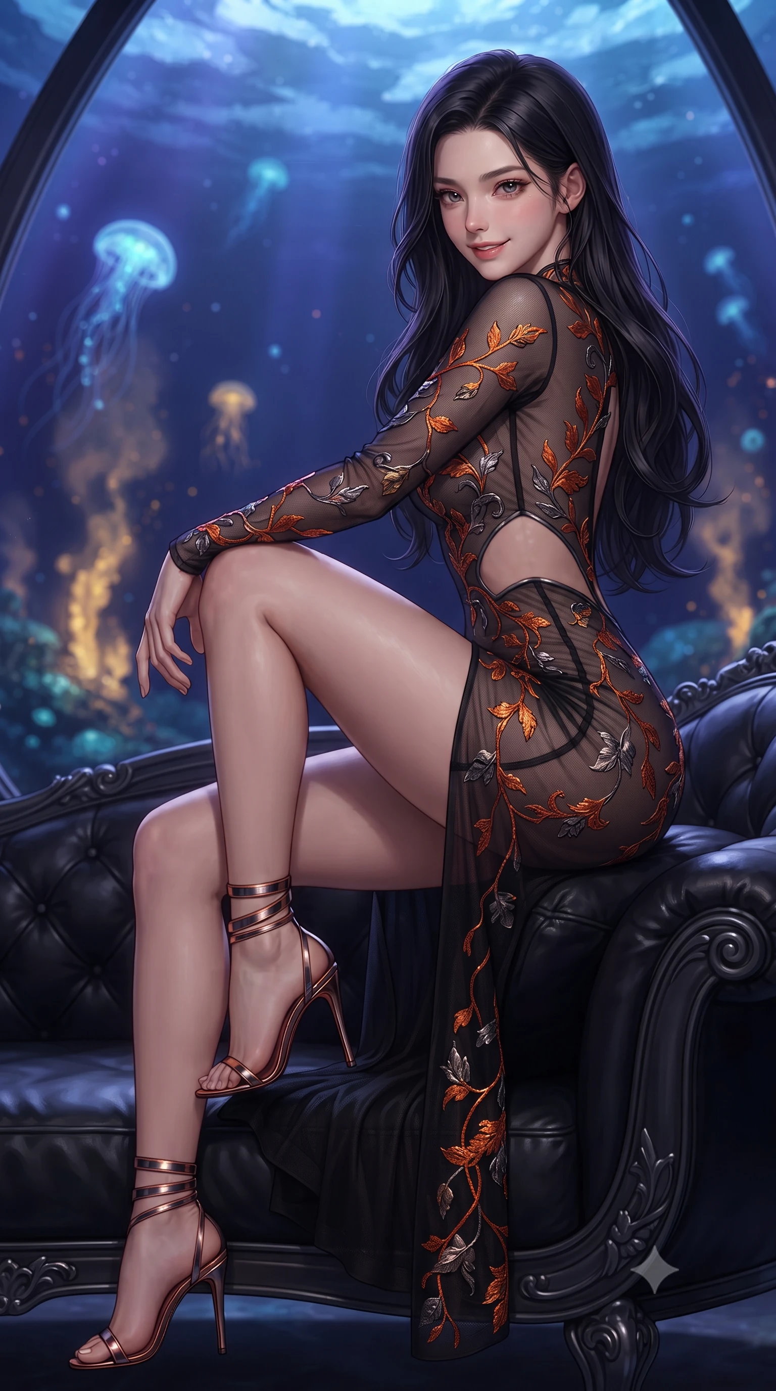 score_9, masterpiece, best quality, ultra-detailed, high-budget anime keyframe, editorial fashion photography, tasteful artistic composition, Korean woman. close-up cowboy shot from the waist and thighs up, the character dominates the composition, filling the frame with her large presence. perched sideways on the lounge seat, one knee drawn up to showcase her slender leg line while her arched back accentuates her feminine hip curve while lounging gracefully across the black leather observation couch propped on one elbow with legs extended, displaying her long slender limbs and statuesque hourglass silhouette against the alien ocean. The background shows a soft-focus drifting alien bioluminescent siphonophores, golden hydrothermal heat plumes, and 20 kilometers of dense overhead ice crust blurred into sapphire, cyan, and topaz bokeh. She has an exceptionally elegant, slender, and willowy female figure with an ultra-slim waist, flat toned midriff, narrow ribcage, and sculpted feminine hips creating an alluring, slim hourglass silhouette without bulk. sharp v-shaped jawline, high-bridge nose, intricate jewel-like sparkling eyes with depth, thick eyelashes, glossy parted lips with a natural peach sheen, bright cheerful beaming smile with an enchanting and coquettish sensual glint, exuding both youthful cute charm and seductive allure, flawlessly proportioned anatomical accuracy, strict slender model proportions, natural body alignment, perfectly sculpted long slender limbs, ultra-slim waistline, clean dynamic posture without body distortion. wearing a provocative sheer noir illusion mesh combat dress with embroidered climbing metallic ivy ribbons contouring her curves in volcanic ember orange and brushed gunmetal, made of fluid liquid jersey with seamless sculpting hold and smooth contours, complemented by strappy stiletto sandals with metallic ankle wraps accentuating her slender calves, the impeccably tailored cut draping gracefully along her slender figure with aristocratic poise. bathed in deep ocean blue-violet ambient light mixed with warm 2200K golden geothermal vent radiance. ultra-reflective glossy finish, specular highlights, rich textural contrasts, high-contrast stereoscopic depth, volumetric dynamic lighting, 2k, ultra detail, master piece, 9:16 ratio