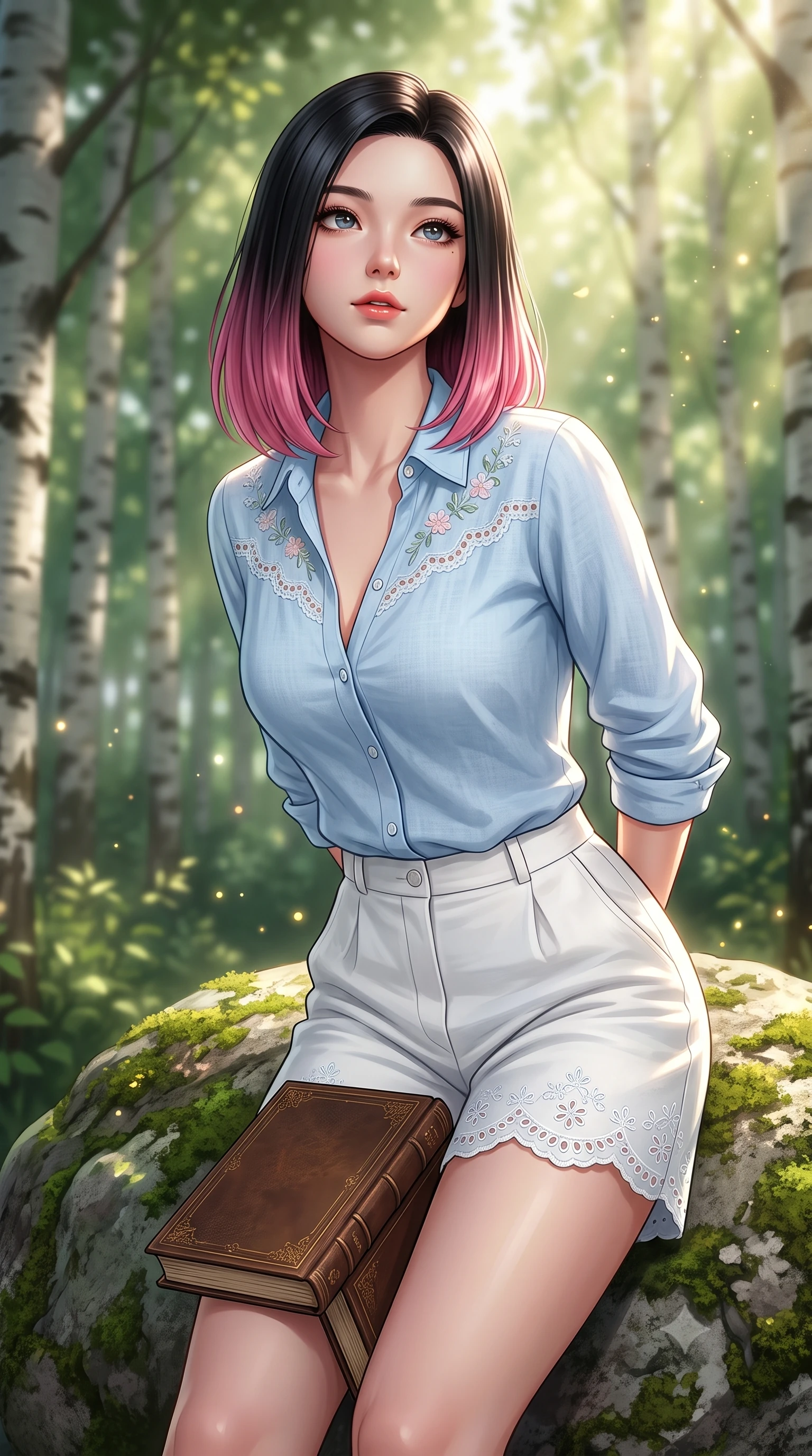 score_9, masterpiece, best quality, ultra-detailed, high-budget anime keyframe, semi-realistic 3D game render, editorial fashion photography, tasteful artistic composition, Korean woman. close-up cowboy shot from the waist and thighs up, the character dominates the composition, filling the frame with her large presence. clasping her hands behind her back and leaning forward playfully with a sweet, innocent girlhood expression while leaning against a mossy forest boulder with a book in her lap, looking up with a gentle, enchanting expression. The composition keeps background elements in soft focus with creamy bokeh. dappled sunbeams filtering through tree leaves scattering celestial golden light motes. She has an exceptionally elegant, slender, and willowy female figure with an ultra-slim waist, a gracefully sculpted slender torso, toned flat midriff, and a refined slim silhouette. sharp v-shaped jawline, high-bridge nose, intricate jewel-like eyes with depth, thick eyelashes, glossy lips with a natural sheen, pure and lovely fresh girlhood expression, flawlessly proportioned anatomical accuracy, strict slender model proportions, natural body alignment, perfectly sculpted long slender limbs, ultra-slim waistline, clean dynamic posture without body distortion. wearing a lightweight pastel linen button-down shirt paired with tailored high-rise white Bermuda shorts in gentle baby blue and cloud white, woven with delicate eyelet lace and breathable cotton voile, complemented by subtle floral embroidery along the neckline and hem, the soft airy drape swaying gracefully with her dynamic movements, emphasizing her tall willowy build and slim waistline. bathed in heavenly volumetric sunbeams piercing through the dense birch canopy. highly saturated vibrant anime colors, detailed shading with soft gradients, rich glossy textures, high-contrast stereoscopic depth, volumetric dynamic lighting, master piece, 9:16 ratio