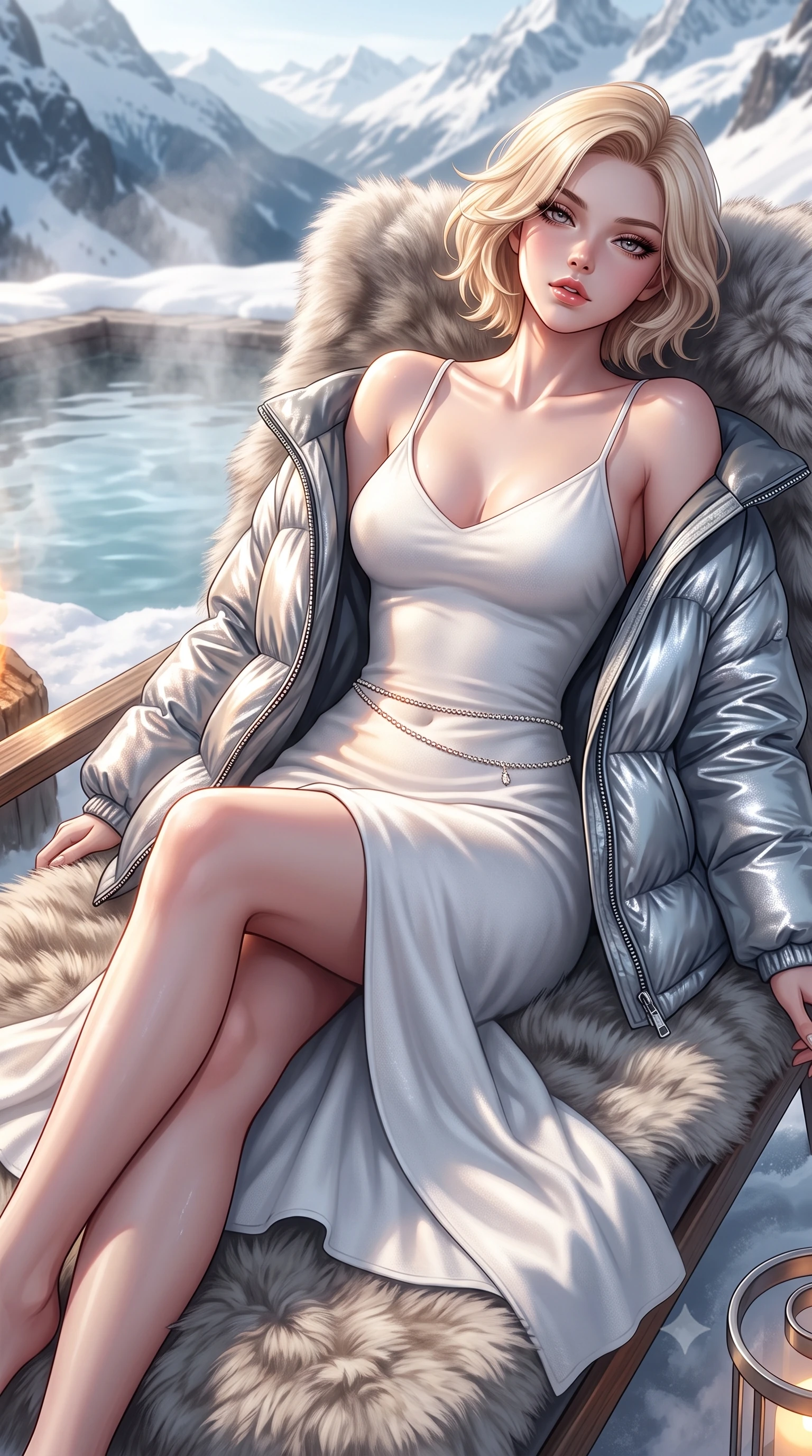 score_9, masterpiece, best quality, ultra-detailed, high-budget anime keyframe, semi-realistic 3D game render, editorial fashion photography, tasteful artistic composition, Caucasian woman. close-up cowboy shot from the waist and thighs up, the character dominates the composition, filling the frame with her large presence. leaning back with relaxed seductive grace, her sculpted collarbones highlighted by light, casting smoldering bedroom-eyes directly into the lens while reclining on an outdoor snow-view fur lounge daybed as steam rises, stretching her long slender legs in seductive comfort. The surrounding environment is rendered in vivid detail and crisp panoramic clarity. detailed fur stole fibers, metallic zipper reflections, and distant alpine glacier ridges in high clarity. She has an exceptionally elegant, slender, and willowy female figure with an ultra-slim waist, a gracefully sculpted slender torso, toned flat midriff, and a refined slim silhouette. sharp v-shaped jawline, high-bridge nose, intricate jewel-like eyes with depth, thick eyelashes, glossy parted lips with a natural sheen, intensely captivating and seductive expression, flawlessly proportioned anatomical accuracy, strict slender model proportions, natural body alignment, perfectly sculpted long slender limbs, ultra-slim waistline, clean dynamic posture without body distortion. wearing a luxurious snow-white cashmere slip gown layered under an unbuttoned oversized down jacket in winter slate grey and pearl luster, crafted from shimmering metallic lamé reflecting frost like crushed ice, accented with a dainty diamond waist chain catching the firelight glow, the precision-cut daring openings accentuating her delicate midriff, graceful bare collarbones, and ultra-slim feminine waistline. illuminated by bright specular snow reflections tracing her sculpted collarbones, waist, and long limbs. highly saturated vibrant anime colors, detailed shading with soft gradients, rich glossy textures, high-contrast stereoscopic depth, volumetric dynamic lighting, master piece, 9:16 ratio