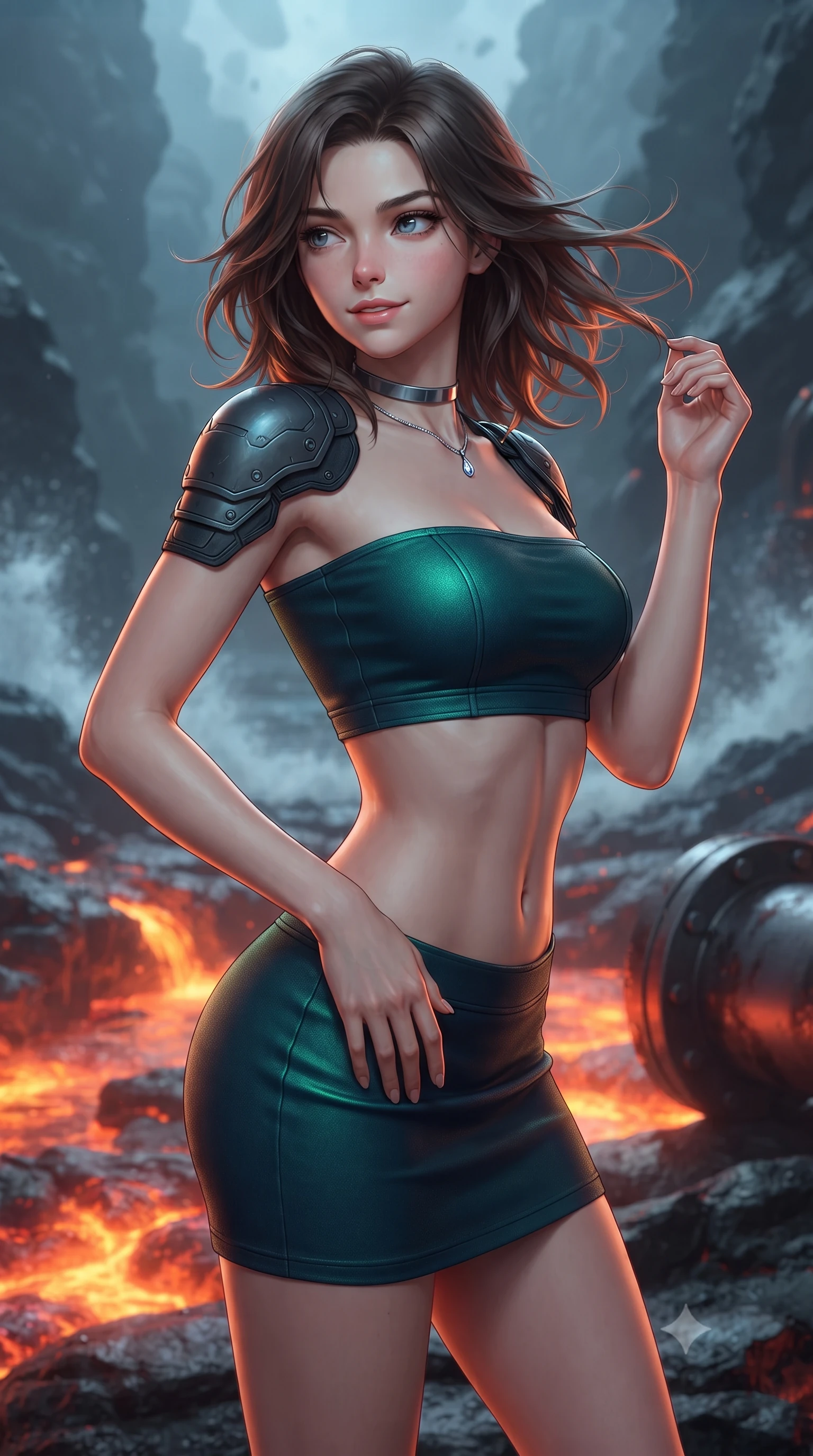 score_9, masterpiece, best quality, ultra-detailed, high-budget anime keyframe, editorial fashion photography, tasteful artistic composition, Korean woman. close-up cowboy shot from the waist and thighs up, the character dominates the composition, filling the frame with her large presence. turning slowly with an enchanting smoldering smile, her glossy hair tossing in the breeze as her hips angle gracefully in a captivating contrapposto while twisting her slender torso in an alluring contrapposto stance beside the molten rock cooling channel, searing orange magma light dancing across her narrow waist and curvy hips. The surrounding environment is rendered in vivid detail and crisp panoramic clarity: sharp cooled black basalt crust textures, heavy industrial pipe flanges, and foaming ocean spray in deep focus. She has an exceptionally elegant, slender, and willowy female figure with an ultra-slim waist, flat toned midriff, narrow ribcage, and sculpted feminine hips creating an alluring, slim hourglass silhouette without bulk. sharp v-shaped jawline, high-bridge nose, intricate jewel-like sparkling eyes with depth, thick eyelashes, glossy parted lips with a natural peach sheen, bright cheerful beaming smile with an enchanting and coquettish sensual glint, exuding both youthful cute charm and seductive allure, flawlessly proportioned anatomical accuracy, strict slender model proportions, natural body alignment, perfectly sculpted long slender limbs, ultra-slim waistline, clean dynamic posture without body distortion. wearing an ultra-cropped tactical tech-wear bandeau top with molded shoulder armor paired with a micro mini skirt revealing her flat toned midriff in bioluminescent emerald and abyssal sapphire, crafted from bespoke double-faced cashmere with an exceptionally soft tactile finish, finished with a minimalist chrome choker and a single teardrop diamond pendant, the bespoke structured tailoring following the natural line of her 8.5-heads silhouette with refined elegance. illuminated by wet basalt deck reflection bounce and sharp magma-orange rim lights sculpting her razor-sharp jawline, narrow waist, and curvy hips. ultra-reflective glossy finish, specular highlights, rich textural contrasts, high-contrast stereoscopic depth, volumetric dynamic lighting, 2k, ultra detail, master piece, 9:16 ratio