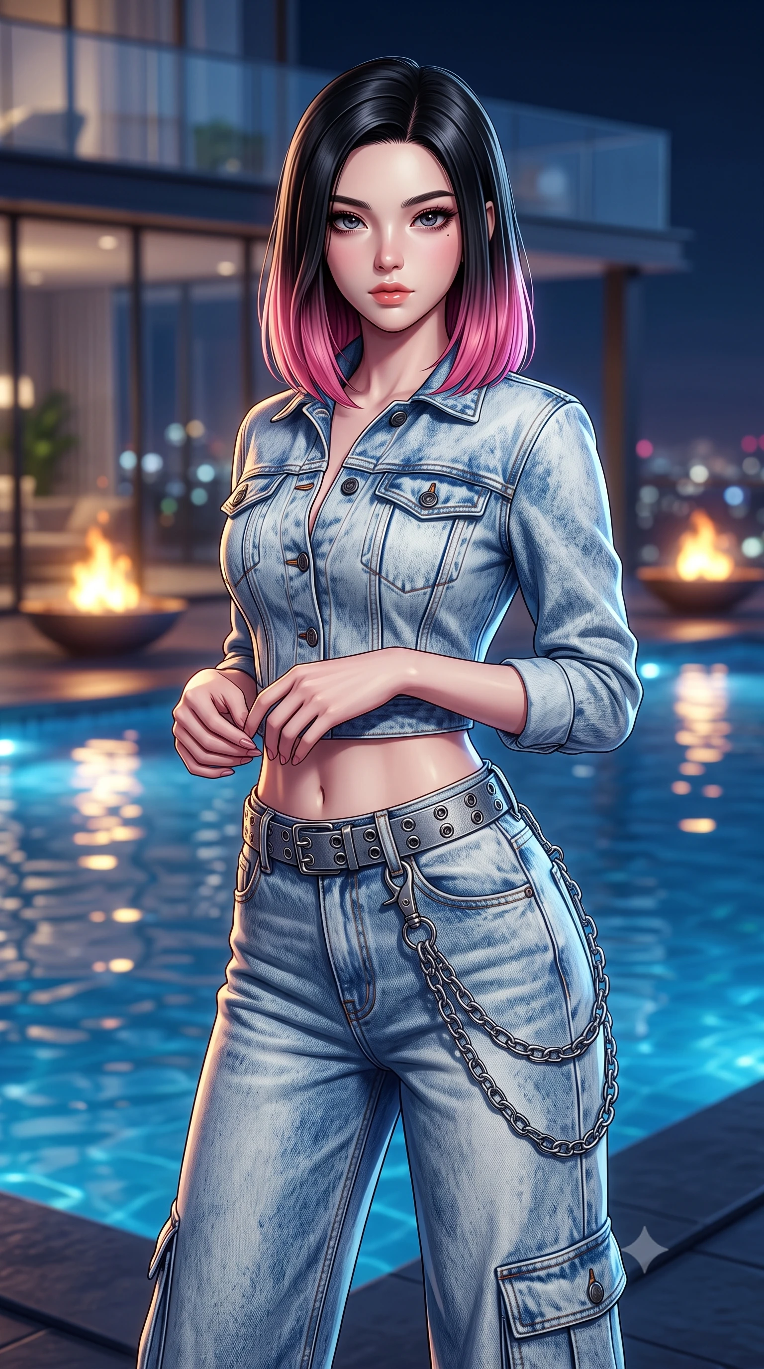 score_9, masterpiece, best quality, ultra-detailed, high-budget anime keyframe, semi-realistic 3D game render, editorial fashion photography, tasteful artistic composition, Korean woman. close-up cowboy shot from the waist and thighs up, the character dominates the composition, filling the frame with her large presence. holding her hands loosely in front with regal, aristocratic poise, radiating an overwhelming high-society aura while pivoting gracefully beside an infinity pool as midnight city lights shimmer across the water's surface. The composition keeps background elements in soft focus with creamy bokeh. penthouse glass architecture and glowing rooftop fire pits softened in cinematic shallow depth of field. She has an exceptionally elegant, slender, and willowy female figure with an ultra-slim waist, a gracefully sculpted slender torso, toned flat midriff, and a refined slim silhouette. sharp v-shaped jawline, high-bridge nose, intricate jewel-like eyes with depth, thick eyelashes, glossy lips with a natural sheen, captivating and magnetic expression, flawlessly proportioned anatomical accuracy, strict slender model proportions, natural body alignment, perfectly sculpted long slender limbs, ultra-slim waistline, clean dynamic posture without body distortion. wearing a deconstructed denim corseted crop jacket paired with high-waisted wide-leg utility jeans and a silver grommet belt in acid-wash light denim and dark chrome, tailored from distressed structured cotton denim with metallic thread, accented with hanging industrial clip straps and chrome chain links edition #32, the liquid-tight tailored fabric emphasizing every curve of her tall, slender model proportions and sculptured silhouette during dynamic movement. illuminated by crisp directional edge lights sharply sculpting her slender waist and long slender legs. highly saturated vibrant anime colors, detailed shading with soft gradients, rich glossy textures, high-contrast stereoscopic depth, volumetric dynamic lighting, master piece, 9:16 ratio