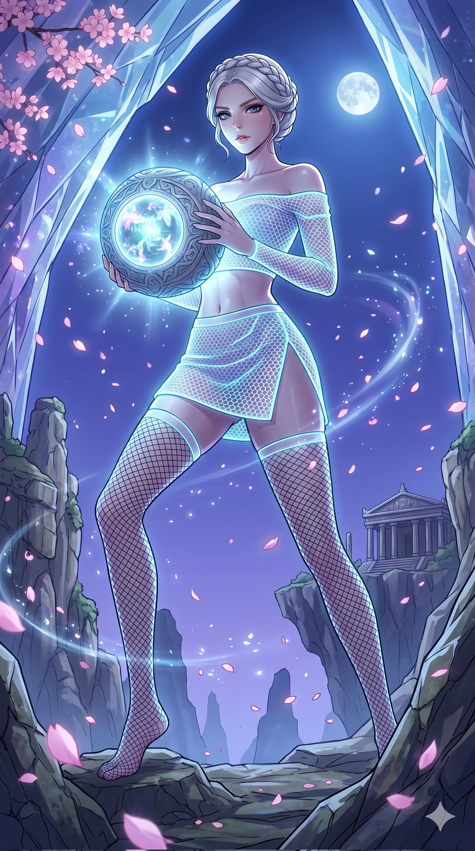 score_9, masterpiece, best quality, ultra-detailed, High-budget Anime Keyframe, vibrant colors, fluid line-art, expressive lighting, cinematic composition, Ufotable-style visual effects, top-tier animation quality, Korean woman with idol-like refined features. Dynamic full-body shot stretching the vertical silhouette, capturing her from a powerful low-angle perspective. Holding a glowing ancient orb that reveals a flickering vision of the future, its light illuminating her determined face. She has an absolutely perfect 8-heads proportion, an exceptionally tall and slender female figure with impossibly long slender legs and an ultra-slim waist, her statuesque height and towering silhouette dominating the vertical 9:16 frame. Her face is a masterpiece featuring a sharp v-shaped jawline, high-bridge nose, intricate jewel-like eyes with depth, thick eyelashes, and glossy lips with a natural sheen. She is wearing a Off-shoulder crop top paired with micro-skirts and thigh-high fishnet stockings crafted from Fluorescent mesh that glows brightly under neon light, highlighting her silhouette, with a dangerous high slit that showcases her impossibly long slender legs. The scene is set in an ancient floating island with pink cherry blossoms falling like snow against a blue sky, illuminated by ethereal moonlight filtering through a crystalline canopy, creating soft highlights. 2k, ultra detail, master piece, 9:16 ratio