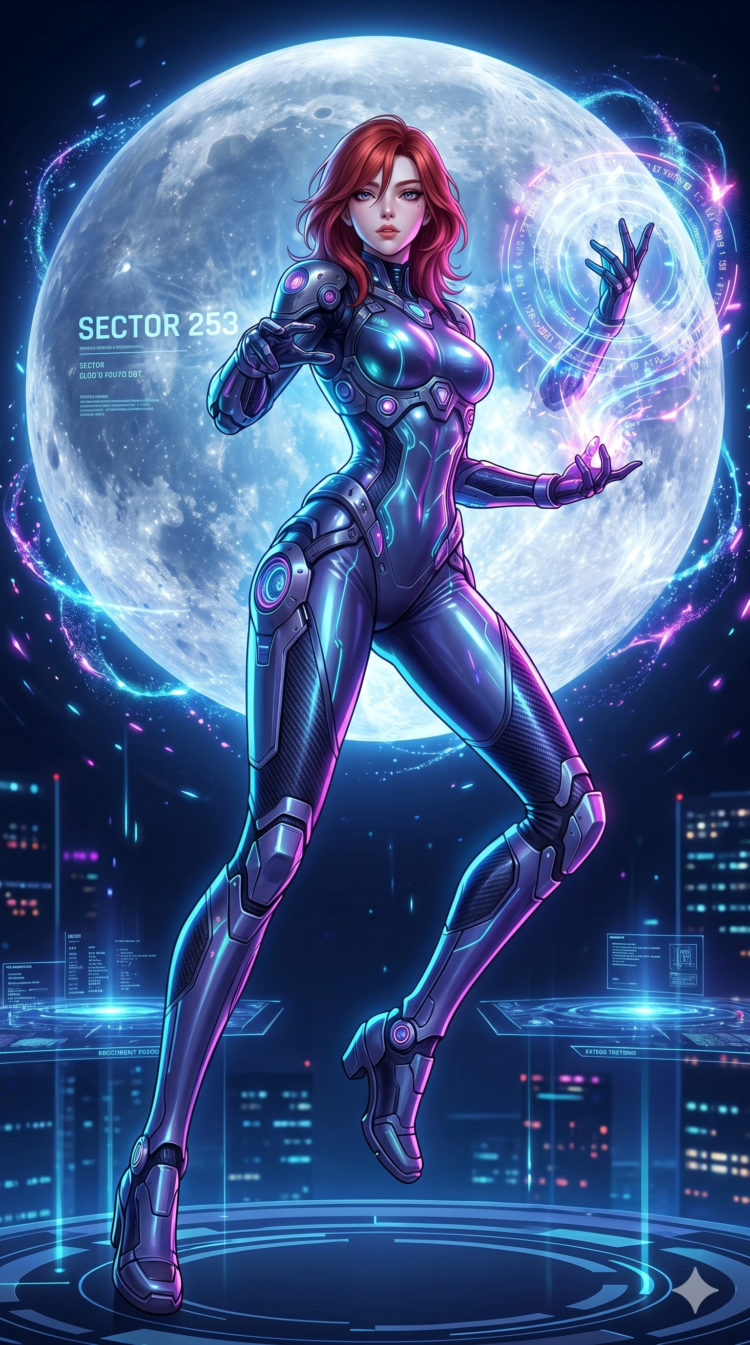 score_9, masterpiece, best quality, ultra-detailed, Set A: High-budget Anime Keyframe, Korean woman. Low angle cowboy shot filling the entire 9:16 frame with her statuesque presence. Casting a spell through a virtual reality void, with a massive holographic moon rising behind her marked as sector 253 and surrounded by glowing energy sparks. She has an absolutely perfect 8-heads proportion, an exceptionally tall and slender female figure with impossibly long slender legs and an ultra-slim waist. Sharp v-shaped jawline, high-bridge nose, intricate jewel-like eyes with depth, thick eyelashes, glossy lips with a natural sheen. Wearing Cybernetic exoskeleton frame over a sleek skin-tight latex suit with glowing ports. Cinematic lighting, vibrant colors, dramatic shadows, 2k, ultra detail, master piece, 9:16 ratio