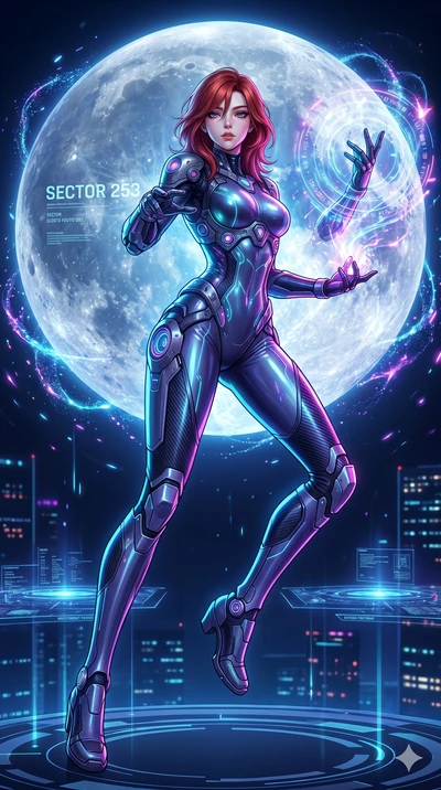 score_9, masterpiece, best quality, ultra-detailed, Set A: High-budget Anime Keyframe, Korean woman. Low angle cowboy shot filling the entire 9:16 frame with her statuesque presence. Casting a spell through a virtual reality void, with a massive holo