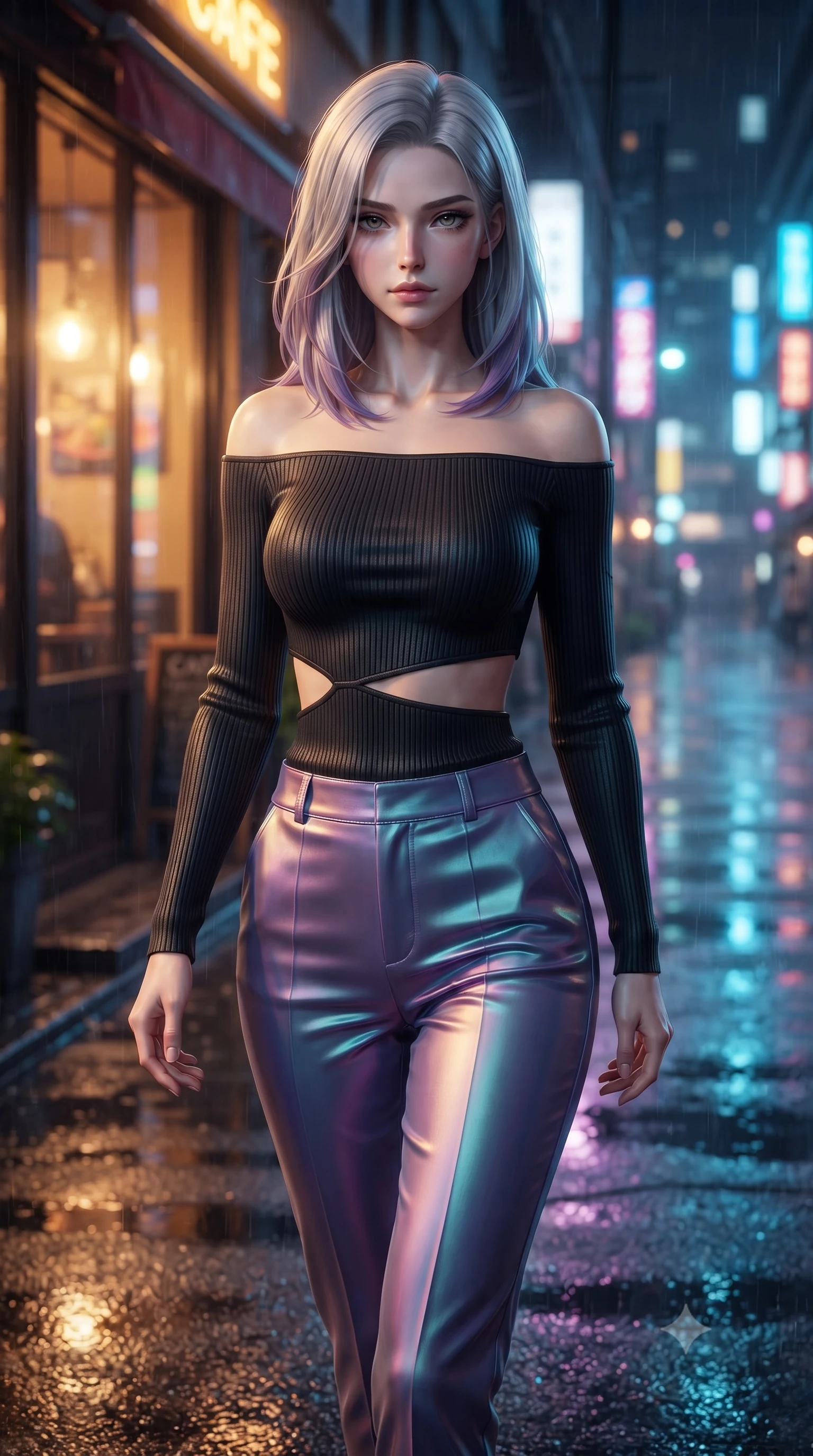 score_9, masterpiece, best quality, ultra-detailed, high-budget anime keyframe, editorial fashion photography, tasteful artistic composition, Caucasian woman. close-up cowboy shot from the waist and thighs up, the character dominates the composition, filling the frame with her large presence, background elements kept in soft focus. Leaning slightly forward with a composed, seductive gaze under soft glowing light walking across a wet asphalt street reflecting multi-color neon city lights, wet asphalt surfaces casting glossy specular highlights from surrounding signs. She has an exceptionally elegant, slender, and willowy female figure with an ultra-slim waist, a gracefully sculpted slender torso, and a refined silhouette. sharp v-shaped jawline, high-bridge nose, intricate jewel-like eyes with depth, thick eyelashes, glossy lips with a natural sheen. wearing a sleek off-shoulder ribbed knit top paired with high-waist tailored pants in matte black and polished silver, crafted from iridescent chiffon that shifts colors in the light, featuring clean architectural cutouts along her slender torso, the elegant draped fit framing her graceful clavicle and slender torso. illuminated by warm indoor golden amber light and cool rainy blue neon rim light. ultra-reflective glossy finish, specular highlights, metallic sheen, high-contrast stereoscopic depth, volumetric dynamic lighting, 2k, ultra detail, master piece, 9:16 ratio