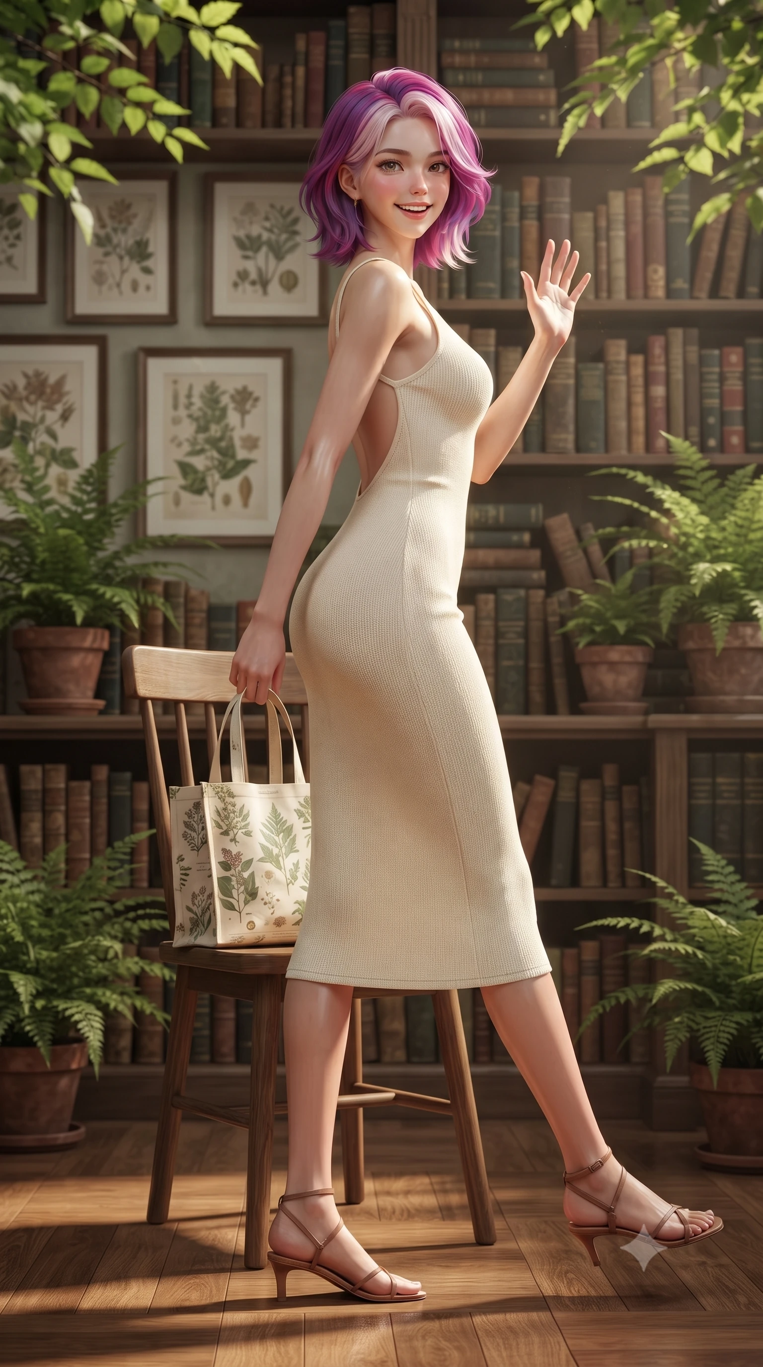 score_9, masterpiece, best quality, ultra-detailed, high-budget anime keyframe, editorial fashion photography, tasteful artistic composition, Caucasian woman. low angle full-body shot from head to toe showing her feet, filling the entire 9:16 vertical frame with her statuesque presence, stretching her vertical silhouette. stepping forward with a bright, cheerful smile, waving happily at the viewer set against a soft-focus background of at a study desk in a botanical library filled with botanical drawings and potted ferns with a cute canvas book tote bag sitting on the chair next to her. She has an absolutely perfect, statuesque 8.5-heads proportion, an exceptionally tall and slender model-like female figure with impossibly long slender legs and an ultra-slim waist. sharp v-shaped jawline, high-bridge nose, intricate jewel-like eyes with depth, thick eyelashes, glossy lips with a natural sheen. wearing body-hugging body-hugging knit midi dress with a tasteful open-back design and thin straps. soft afternoon daylight filtered through green leaves outside the window. ultra-reflective glossy finish, specular highlights, metallic sheen, high-contrast stereoscopic depth, volumetric dynamic lighting, 2k, ultra detail, master piece, 9:16 ratio