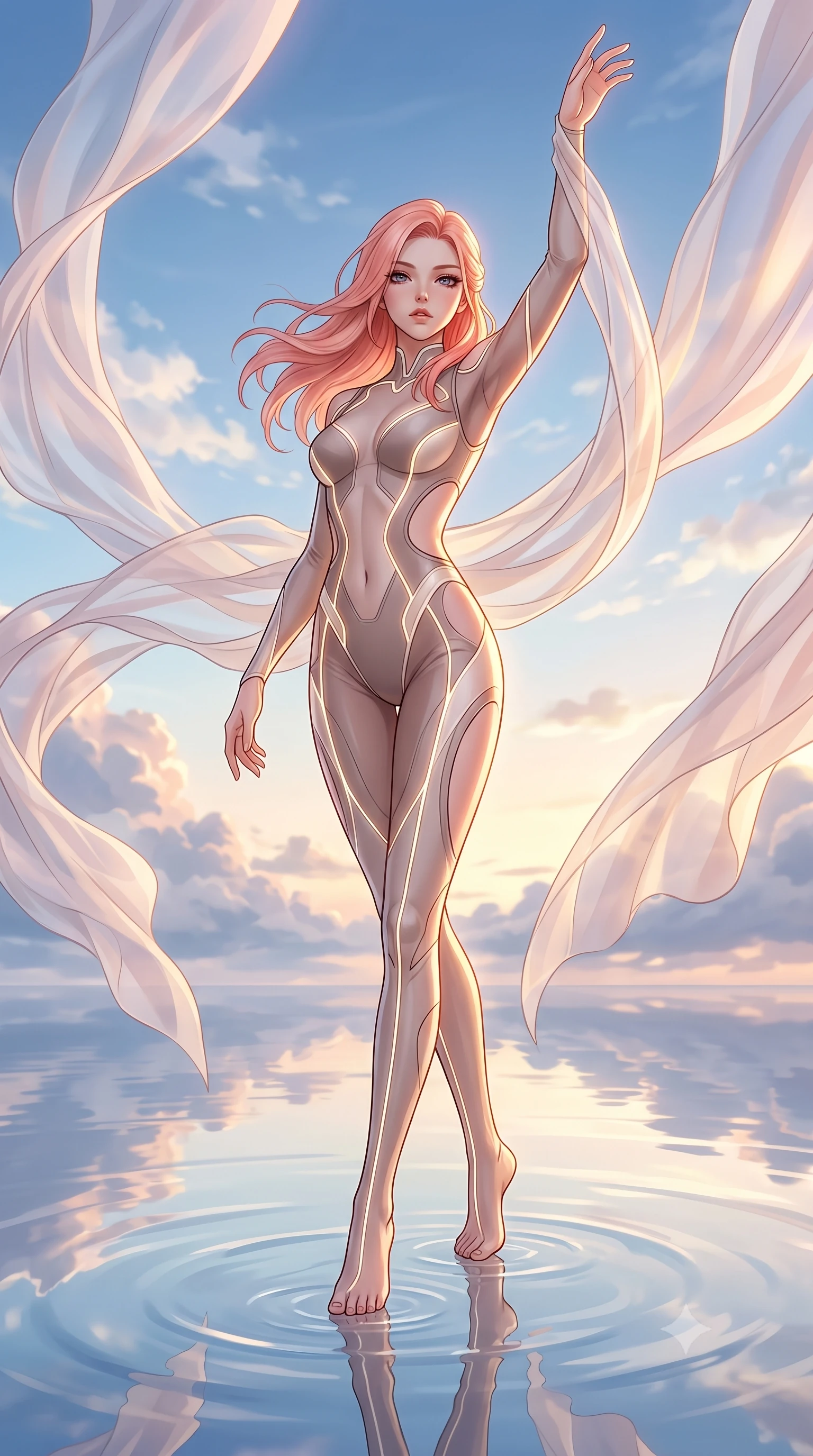 score_9, masterpiece, best quality, ultra-detailed, high-budget anime keyframe, editorial fashion photography, tasteful artistic composition, Japanese woman. low angle full-body shot from head to toe showing her feet, filling the entire 9:16 vertical frame with her statuesque presence, stretching her vertical silhouette. pivoting dynamically in zero-gravity with fluid body alignment, displaying her perfect model proportions while reaching one arm toward the open sky as billowing silk gossamer curtains flutter nearby, still pool waters mirroring her slender silhouette and the open cloudscape. She has an absolutely perfect, statuesque 8.5-heads proportion, an exceptionally tall and slender model-like female figure with impossibly long slender legs and an ultra-slim waist. sharp v-shaped jawline, high-bridge nose, intricate jewel-like eyes with depth, thick eyelashes, glossy lips with a natural sheen, flawlessly proportioned anatomical accuracy, natural body alignment, perfectly sculpted elegant limbs, clean dynamic posture without body distortion. wearing a skin-tight cybernetic bodysuit with glowing neon seams and side cutouts in muted taupe and soft ivory, woven from fine semi-opaque sheer organza, featuring subtle geometric cutouts that highlight her ultra-slim midriff, the form-contouring material highlighting her ultra-slim waist and long lines. illuminated by soft glowing sunset radiance with dramatic golden rim highlights. highly saturated vibrant anime colors, detailed shading with soft gradients, rich glossy textures, high-contrast stereoscopic depth, volumetric dynamic lighting, master piece, 9:16 ratio