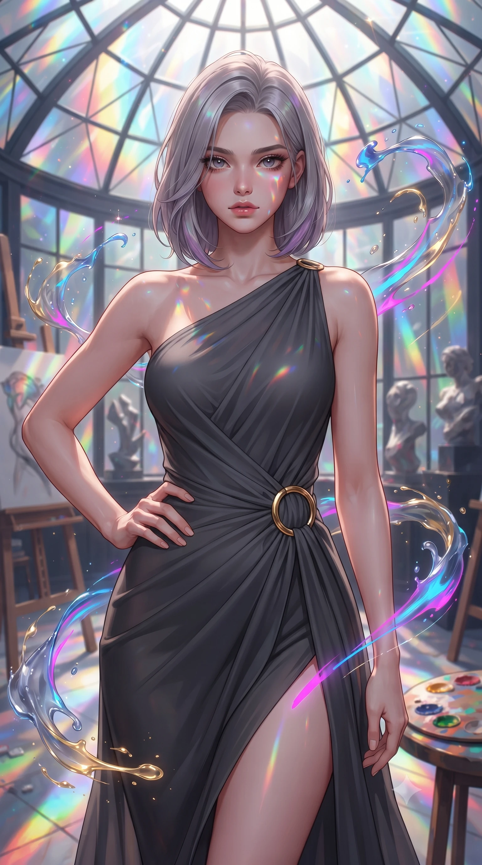 score_9, masterpiece, best quality, ultra-detailed, high-budget anime keyframe, editorial fashion photography, tasteful artistic composition, Caucasian woman. close-up cowboy shot from the waist and thighs up, the character dominates the composition, filling the frame with her large presence, background elements kept in soft focus. Holding a confident power pose with one hand on her hip, gazing directly into the camera with quiet intensity standing inside a glass-domed art atelier filled with floating liquid paint swirls, glowing neon brushstrokes floating poetically around her silhouette. She has an exceptionally elegant, slender, and willowy female figure with an ultra-slim waist, a gracefully sculpted slender torso, and a refined silhouette. sharp v-shaped jawline, high-bridge nose, intricate jewel-like eyes with depth, thick eyelashes, glossy lips with a natural sheen. wearing an elegant Grecian draped chiffon gown with an asymmetrical shoulder strap and ring detail, the sleek second-skin texture accentuating her magnetic presence. illuminated by brilliant multi-color rainbow light refracting through glass. ultra-reflective glossy finish, specular highlights, metallic sheen, high-contrast stereoscopic depth, volumetric dynamic lighting, 2k, ultra detail, master piece, 9:16 ratio