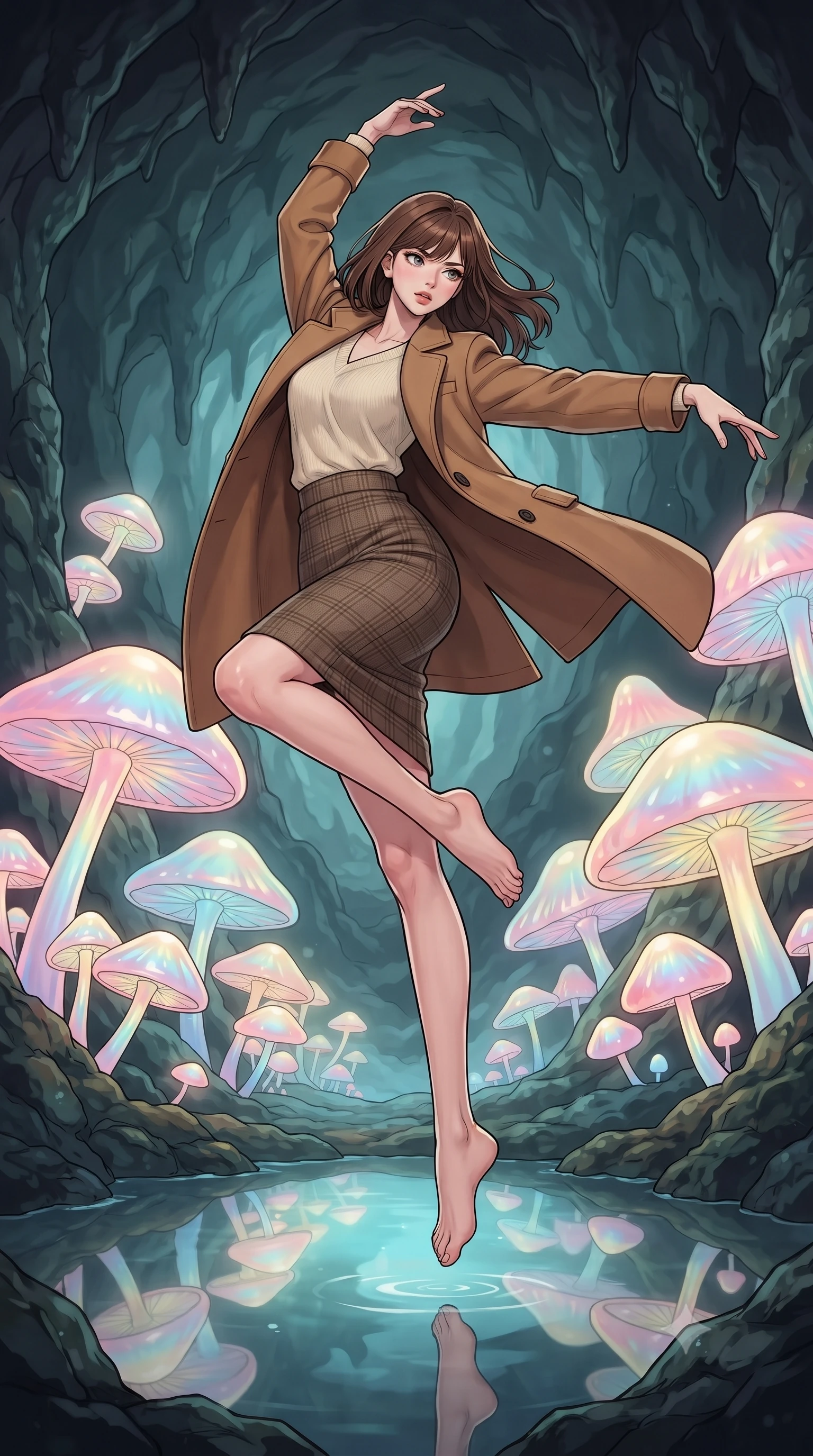 score_9, masterpiece, best quality, ultra-detailed, high-budget anime keyframe, gorgeous anime illustration, with clean line-art, distinct ink outlines, and high-contrast stereoscopic depth, Korean woman. low angle full-body shot from head to toe showing her feet, filling the entire 9:16 vertical frame with her statuesque presence, stretching her vertical silhouette. pirouetting mid-air inside inside a damp cave filled with giant opaline mushrooms that glow with a shifting pearlescent luster, reflecting in a perfectly still underground pool. She has a statuesque 8.5-heads proportion, an exceptionally tall, slender and willowy model-like build with impossibly long legs and a highly sculpted ultra-slim waist. sharp v-shaped jawline, high-bridge nose, intricate jewel-like eyes with depth, thick eyelashes, glossy lips with a natural sheen. wearing a camel hair coat over a soft cream knit top and a brown check wool pencil skirt. soft shifting pearlescent glow (pink, blue, yellow) from the fungi, casting gentle diffused light from below. 2k, ultra detail, master piece, 9:16 ratio, highly saturated vibrant anime colors, detailed cel-shading with soft gradients, rich glossy textures, deep contrast, volumetric dynamic lighting, 2d animation style