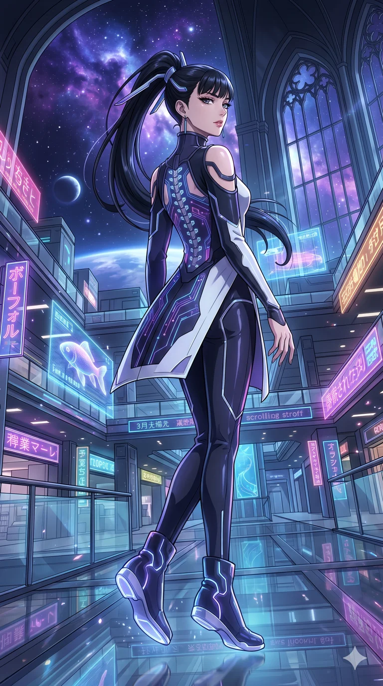 score_9, masterpiece, best quality, ultra-detailed, High-budget Anime Keyframe, vibrant colors, fluid line-art, expressive lighting, cinematic composition, Ufotable-style visual effects, top-tier animation quality, Japanese woman with delicate and elegant anime-inspired features. Low angle cowboy shot filling the entire 9:16 frame with her statuesque presence, looking up to emphasize her height. Gliding through a multi-level cyberpunk mall with vibrant neon reflections on every surface and holographic advertisements. She has an absolutely perfect 8-heads proportion, an exceptionally tall and slender female figure with impossibly long slender legs and an ultra-slim waist, her statuesque height and towering silhouette dominating the vertical 9:16 frame. Her face is a masterpiece featuring a sharp v-shaped jawline, high-bridge nose, intricate jewel-like eyes with depth, thick eyelashes, and glossy lips with a natural sheen. She is wearing a Transparent mini-dress with glowing internal circuits and a high-cut structural leotard crafted from Transparent PVC with a high-gloss finish that reveals the intricate layers beneath, boasting shoulder cut-outs and a glowing spinal interface visible through the back. The scene is set in a majestic gothic cathedral in deep space with massive windows overlooking a swirling nebula, illuminated by dynamic strobe effects that capture her movement in a series of sharp fragments. 2k, ultra detail, master piece, 9:16 ratio