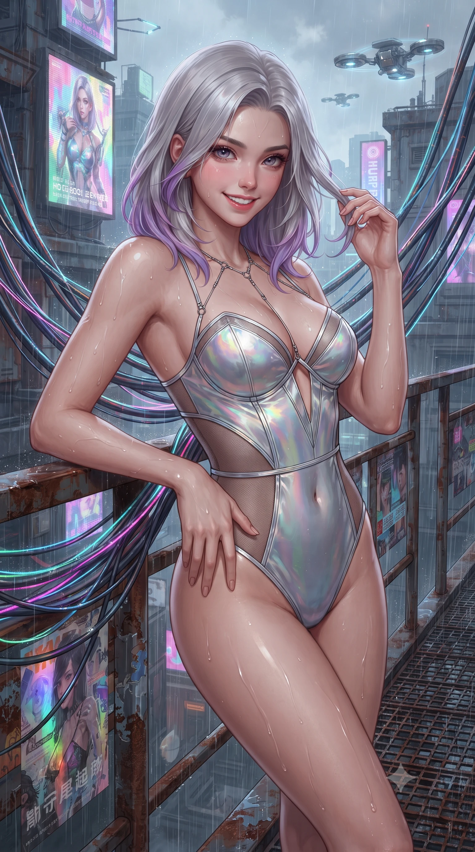score_9, masterpiece, best quality, ultra-detailed, high-budget anime keyframe, editorial fashion photography, tasteful artistic composition, Caucasian woman. close-up cowboy shot from the waist and thighs up, the character dominates the composition, filling the frame with her large presence. twisting her slender torso in an alluring contrapposto stance, one hand resting on her sculpted hip while her fingers toy with her hair with effortless poise while leaning against the rusted steel railing with hips cocked back, looking through tangled glowing fiber-optic cables at hovering surveillance spinners with smoldering bedroom-eyes. The surrounding environment is rendered in vivid detail and crisp panoramic clarity: sharp wet iron grating textures, weathered peeling holographic poster layers, and razor-sharp cable bundle ties in deep focus. She has an exceptionally elegant, slender, and willowy female figure with an ultra-slim waist, flat toned midriff, narrow ribcage, and sculpted feminine hips creating an alluring, slim hourglass silhouette without bulk. sharp v-shaped jawline, high-bridge nose, intricate jewel-like sparkling eyes with depth, thick eyelashes, glossy parted lips with a natural peach sheen, bright cheerful beaming smile with an enchanting and coquettish sensual glint, exuding both youthful cute charm and seductive allure, flawlessly proportioned anatomical accuracy, strict slender model proportions, natural body alignment, perfectly sculpted long slender limbs, ultra-slim waistline, clean dynamic posture without body distortion. wearing an alluring plunging sweetheart tactical bodice with sheer mesh side-waist cutouts contouring her ribs in iridescent mother-of-pearl and liquid molten silver, featuring strategic sheer-illusion tulle side panels framing her ribcage and hips, accented with a chrome-drop body harness subtly framing her dewy collarbones and spine, the impeccably tailored cut draping gracefully along her slender figure with aristocratic poise. bathed in multi-colored ambient neon reflections from towering holographic advertisements mixed with cool rain reflections. ultra-reflective glossy finish, specular highlights, rich textural contrasts, high-contrast stereoscopic depth, volumetric dynamic lighting, 2k, ultra detail, master piece, 9:16 ratio