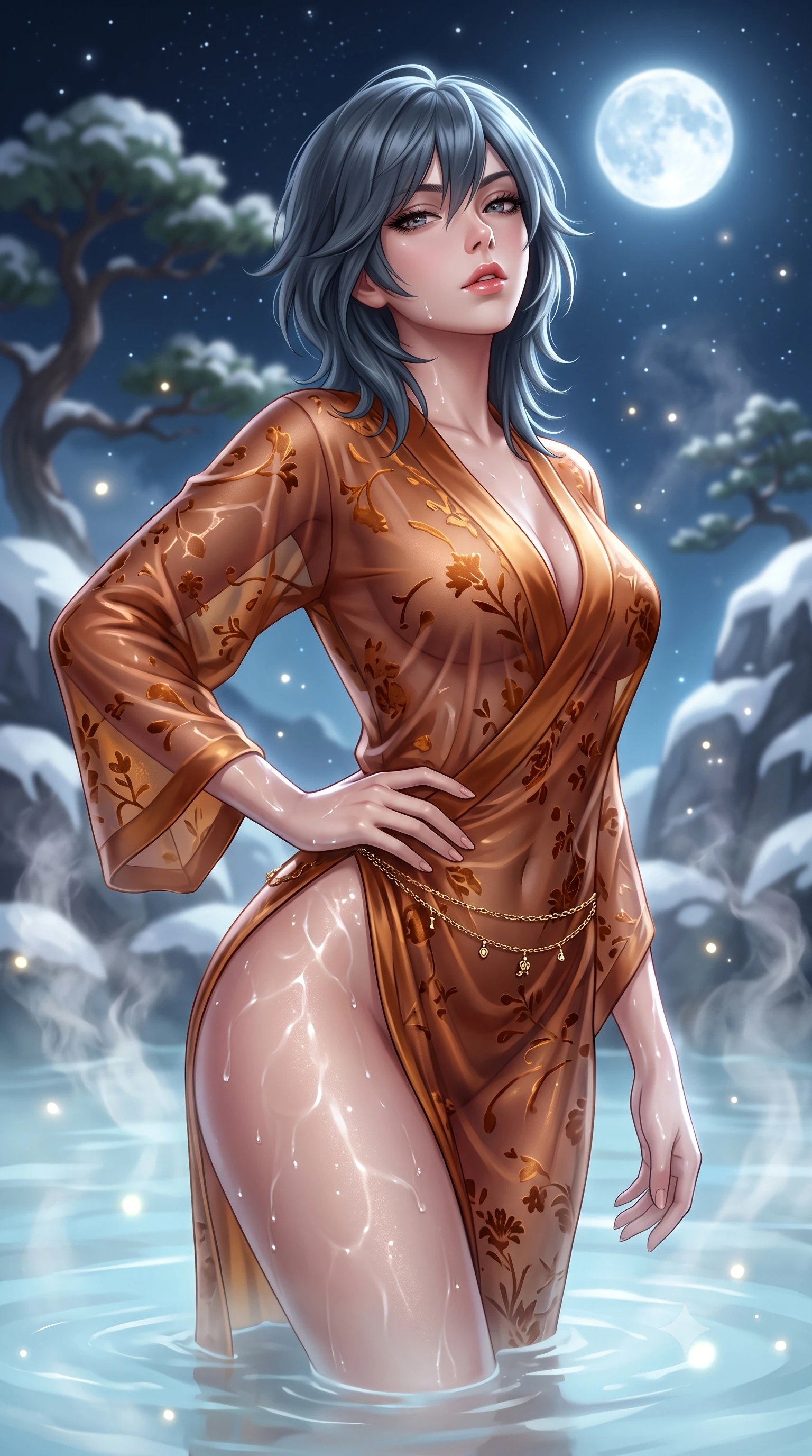score_9, masterpiece, best quality, ultra-detailed, high-budget anime keyframe, semi-realistic 3D game render, editorial fashion photography, tasteful artistic composition, Caucasian woman. close-up cowboy shot from the waist and thighs up, the character dominates the composition, filling the frame with her large presence. tilting her chin up with proud, sovereign allure while gazing through thick eyelashes, one hand resting on her waist in pure supermodel charisma while wading through the milky-blue thermal mineral water beneath the full moon, arching her spine in pure pleasure as steam curls around her waist. The composition keeps background elements in soft focus with creamy bokeh. shimmering silica water caustics and drifting steam particles scattering ethereal glowing light motes. She has an exceptionally elegant, slender, and willowy female figure with an ultra-slim waist, flat toned midriff, narrow ribcage, and sculpted feminine hips creating an alluring, slim hourglass silhouette without bulk. sharp v-shaped jawline, high-bridge nose, intricate jewel-like eyes with depth, thick eyelashes, glossy parted lips with a natural sheen, intensely captivating and seductive bedroom-eyes expression, flawlessly proportioned anatomical accuracy, strict slender model proportions, natural body alignment, perfectly sculpted long slender limbs, ultra-slim waistline, clean dynamic posture without body distortion. wearing a delicate semi-translucent silk yukata that clings to her wet skin and curvy hip contours in rich copper bronze and warm amber, made of sheer contouring power-mesh with velvet flocking patterns, accented with a delicate gold chain belt resting loosely on her curvy hips, the second-skin form-contouring cut accentuating her sculpted flat midriff, narrow delicate ribcage, and gracefully curvy hips with supermodel precision. surrounded by an otherworldly, serene, and deeply sensual Arctic geothermal nymph aura. highly saturated vibrant anime colors, detailed shading with soft gradients, rich glossy textures, high-contrast stereoscopic depth, volumetric dynamic lighting, master piece, 9:16 ratio