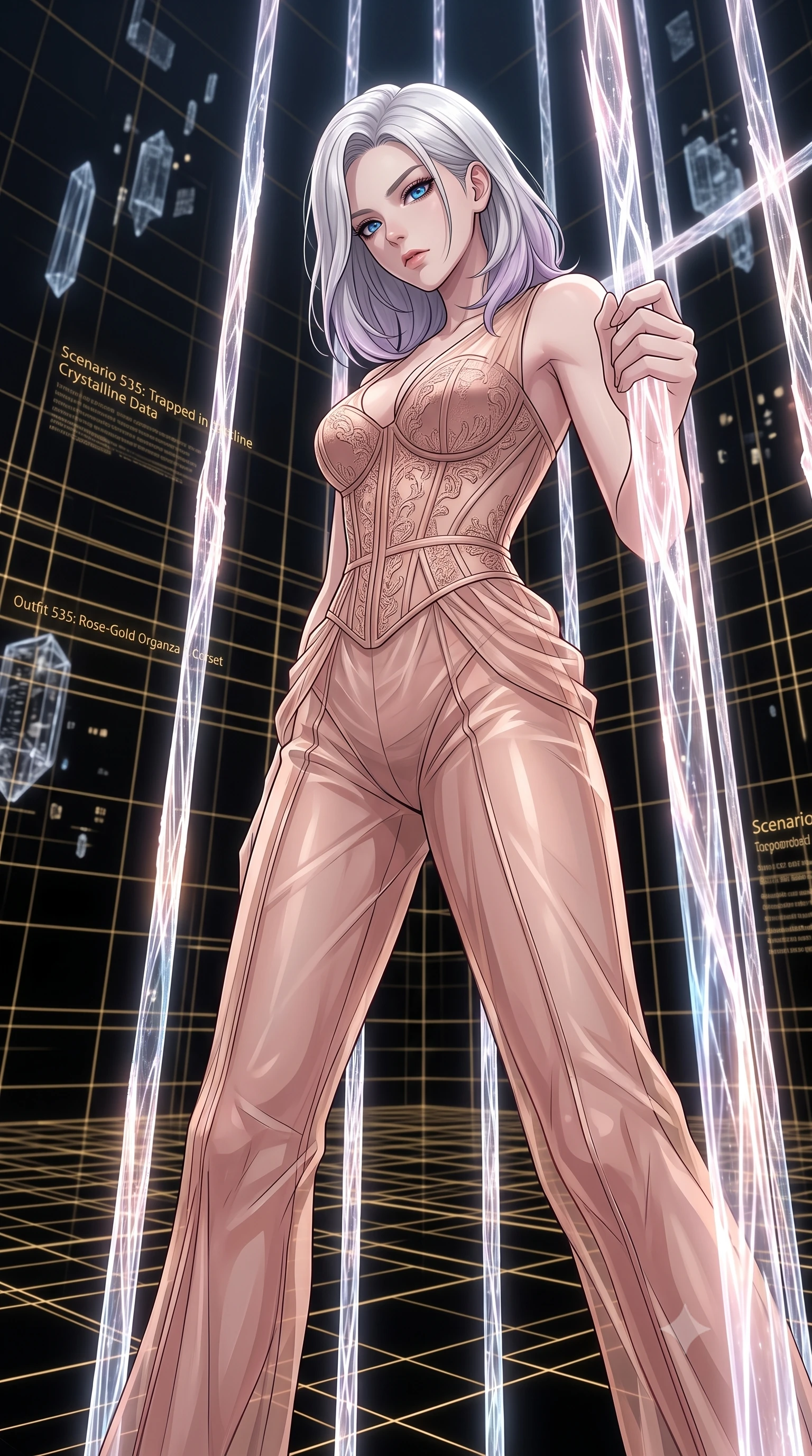 score_9, masterpiece, best quality, ultra-detailed, High-budget Anime Keyframe, Caucasian woman, strictly human ears. Low angle cowboy shot filling the entire 9:16 frame with her statuesque presence. Scenario 535: trapped in a cage of glowing crystalline fibers, her body pressing against the bars, in a digital arena where gold gridlines project onto the black walls. Her presence is magnetic and overpowering in this high-budget anime scene. Outfit 535: a form-contouring rose-gold sheer organza jumpsuit layered over a structured corset bodice. The clothing is designed to emphasize her exceptionally tall and slender 8-heads proportion. 8-heads proportion, towering silhouette, ultra-slim waist. sharp v-shaped jawline, intricate jewel-like eyes with depth, thick eyelashes, glossy lips. 2k, ultra detail, master piece, 9:16 ratio