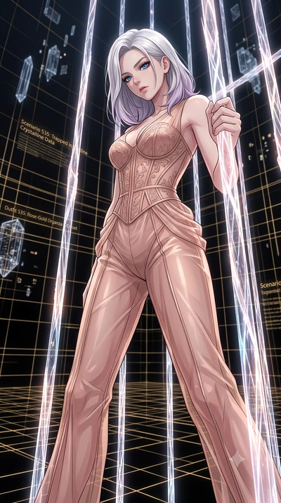 score_9, masterpiece, best quality, ultra-detailed, High-budget Anime Keyframe, Caucasian woman, strictly human ears. Low angle cowboy shot filling the entire 9:16 frame with her statuesque presence. Scenario 535: trapped in a cage of glowing crystal