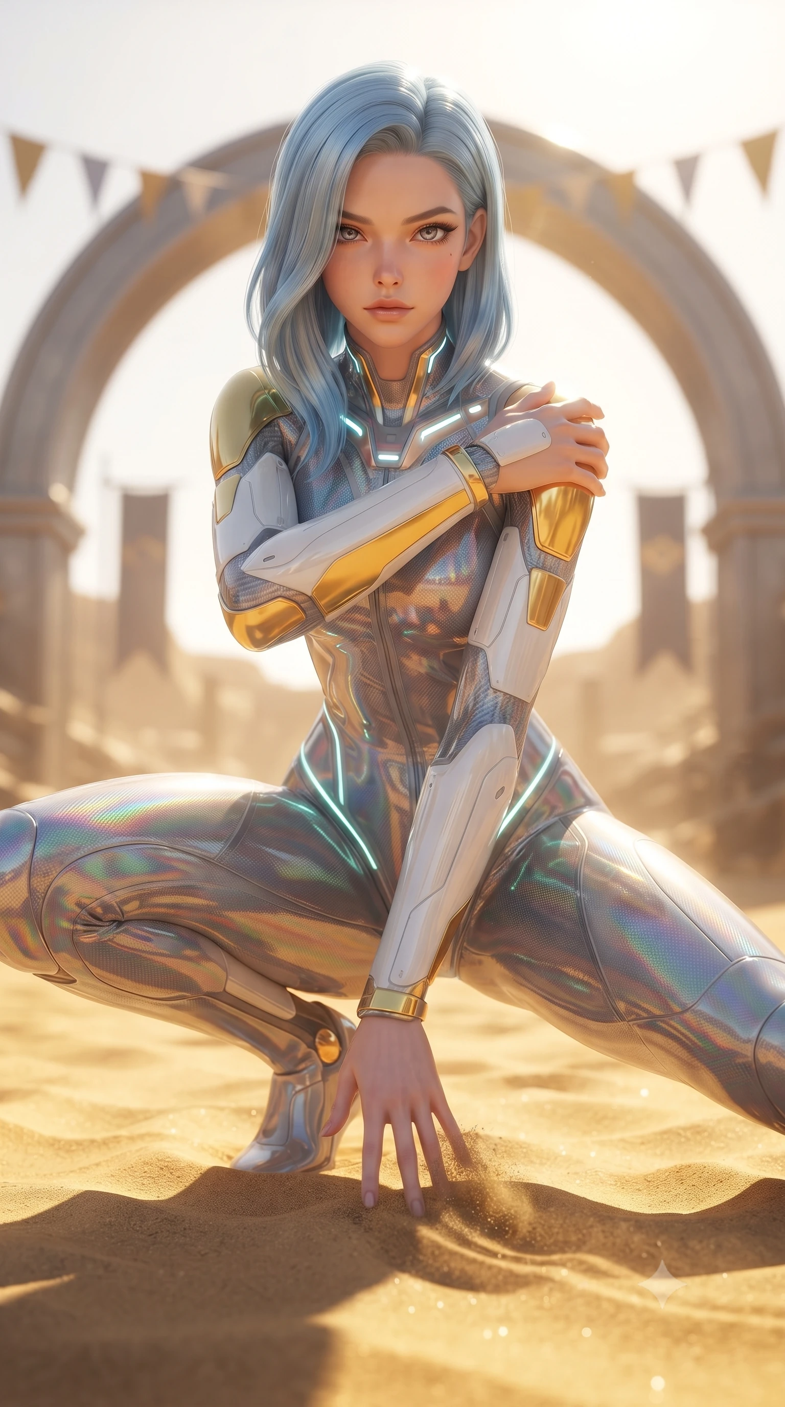 score_9, masterpiece, best quality, ultra-detailed, high-budget anime keyframe, editorial fashion photography, tasteful artistic composition, Korean woman. close-up cowboy shot from the waist and thighs up, the character dominates the composition, filling the frame with her large presence. shifting into a low cat-stance with arms crossed defensively, glowing energy conduits tracing her ultra-slim waist and sculpted clavicle while sliding across the sand into a low defensive crouch with one hand trailing through the golden grains with captivating allure. The composition keeps background elements in soft focus with creamy bokeh. massive arena titanium arches and banner pennants softened in dramatic shallow depth of field. She has an exceptionally elegant, slender, and willowy female figure with an ultra-slim waist, a gracefully sculpted slender torso, toned flat midriff, and a refined slim silhouette. sharp v-shaped jawline, high-bridge nose, intricate jewel-like eyes with depth, thick eyelashes, glossy lips with a natural sheen, flawlessly proportioned anatomical accuracy, strict slender model proportions, natural body alignment, perfectly sculpted long slender limbs, ultra-slim waistline, clean dynamic posture without body distortion. wearing a high-gloss iridescent rainbow carbon-weave bodysuit with translucent cybernetic panels and Damascus-steel forearm bracers in arctic white carbon composite with radiant solar gold plating, crafted from semi-translucent cybernetic carbon-vinyl interwoven with glowing micro-filaments, featuring a sleek aerodynamic collar framed by subtle glowing cybernetic status LEDs, the glove-like aerodynamic second-skin fit tightly clinging to her ultra-slender waist and athletic curves without adding bulk, accentuating her razor-sharp statuesque lines and slim hourglass silhouette. bathed in brilliant midday desert sunshine and warm golden sand surface reflections. ultra-reflective glossy finish, specular highlights, dark metallic sheen, high-contrast stereoscopic depth, volumetric dynamic lighting, 2k, ultra detail, master piece, 9:16 ratio