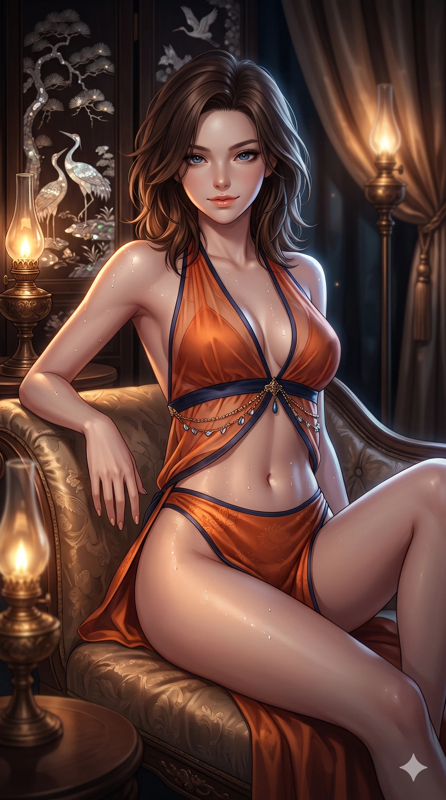 score_9, masterpiece, best quality, ultra-detailed, high-budget anime keyframe, editorial fashion photography, tasteful artistic composition, Korean woman. close-up cowboy shot from the waist and thighs up, the character dominates the composition, filling the frame with her large presence. smiling with quiet, magnetic self-assurance directly into the camera, her sculpted waistline catching specular moonbeam highlights while reclining gracefully on an antique silk chaise lounge with legs extended, propped on one elbow with parted glossy lips. The background shows a soft-focus glistening mother-of-pearl cranes and pine inlay patterns, bronze floor lamps, and silk drapes blurred into iridescent pearl, amber, and obsidian bokeh. She has an exceptionally elegant, slender, and willowy female figure with an ultra-slim waist, flat toned midriff, narrow ribcage, and sculpted feminine hips creating an alluring, slim hourglass silhouette without bulk. sharp v-shaped jawline, high-bridge nose, sparkling eyes with hypnotic seductive depth, thick curled eyelashes, glossy parted lips with a natural dewy peach sheen, alluring bedroom-eyes with an enchanting coquettish smile, exuding magnetic siren charisma and sophisticated glamour, flawlessly proportioned anatomical accuracy, strict slender model proportions, natural body alignment, perfectly sculpted long slender limbs, ultra-slim waistline, clean dynamic posture without body distortion. wearing a plunge-front sheer organza halter top with fluttering norigae waist chains paired with high-cut silk briefs in sunset tangerine orange and deep navy indigo, tailored from rich silk jacquard with subtle embossed lotus blossom patterns, finished with glistening drops of night dew beading across her sculpted shoulders and flat midriff, the high-slit wrap tailoring accentuating her ultra-slim waistline and the enchanting curve of her feminine hips with alluring seductive charm. bathed in soft moody amber chiaroscuro lighting spilling from ornate bronze oil lamps. ultra-reflective glossy finish, specular highlights, rich textural contrasts, high-contrast stereoscopic depth, volumetric dynamic lighting, 2k, ultra detail, master piece, 9:16 ratio