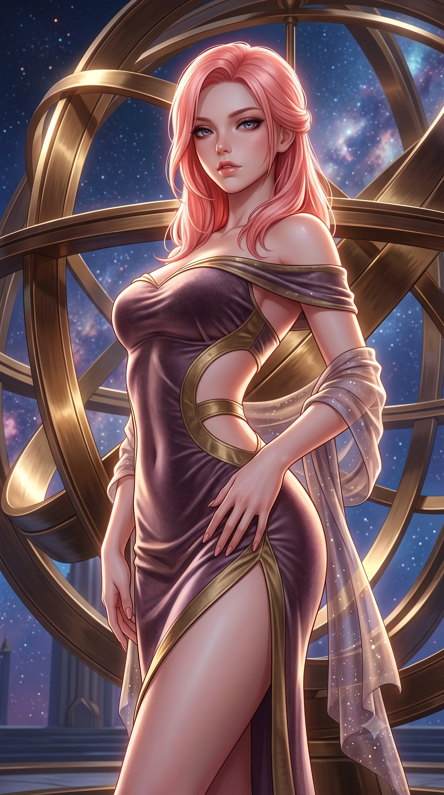 score_9, masterpiece, best quality, ultra-detailed, high-budget anime keyframe, semi-realistic 3D game render, editorial fashion photography, tasteful artistic composition, Japanese woman. close-up cowboy shot from the waist and thighs up, the character dominates the composition, filling the frame with her large presence. arching her spine backward with effortless dancer poise, one hand sliding along her hip line as directional light carves specular highlights along her silhouette while leaning back against the polished brass rings of a colossal rotating armillary sphere, hips tilted in a seductive contrapposto stance. The surrounding environment is rendered in vivid detail and crisp panoramic clarity. monumental high-contrast cosmic chiaroscuro and sacred astronomical sanctuary architecture in precision. She has an exceptionally elegant, slender, and willowy female figure with an ultra-slim waist, a gracefully sculpted slender torso, toned flat midriff, and rounded feminine hips creating an alluring hourglass silhouette. sharp v-shaped jawline, high-bridge nose, intricate jewel-like eyes with depth, thick eyelashes, glossy parted lips with a natural sheen, intensely captivating and seductive bedroom-eyes expression, flawlessly proportioned anatomical accuracy, strict slender model proportions, natural body alignment, perfectly sculpted long slender limbs, ultra-slim waistline, clean dynamic posture without body distortion. wearing an off-shoulder celestial velvet gown with an architectural open-waist cutout and high side slit in dusky celestial plum and antique brass gold, tailored from ultra-smooth duchess satin with a pearlescent celestial sheen, finished with a gossamer stardust shawl draped loosely over her elbows, the second-skin form-contouring cut accentuating her sculpted flat midriff, narrow waistline, and dramatically curvy hips without adding bulk. surrounded by a celestial, immortal, and deeply hypnotic cosmos sovereign aura. highly saturated vibrant anime colors, detailed shading with soft gradients, rich glossy textures, high-contrast stereoscopic depth, volumetric dynamic lighting, master piece, 9:16 ratio