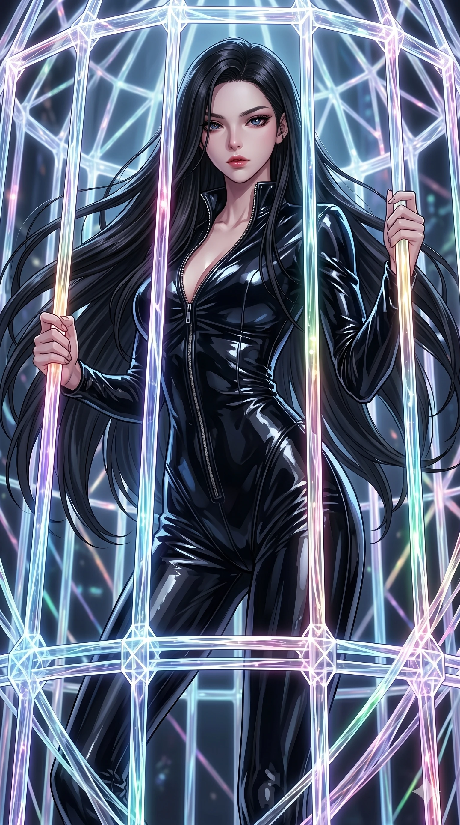 score_9, masterpiece, best quality, ultra-detailed, High-budget Anime Keyframe, East Asian woman. Dynamic full-body shot stretching the vertical silhouette to the limit. Scenario 102: Trapped in a cage of glowing crystalline fibers, body pressing against the bars. Her presence is magnetic and overpowering in this high-budget anime scene. Outfit 102: A patent leather second with a unzipped detail and wet-look texture. The clothing is designed to emphasize her exceptionally tall and slender 8-heads proportion. 8-heads proportion, towering silhouette, ultra-slim waist. sharp v-shaped jawline, intricate jewel-like eyes with depth, thick eyelashes, glossy lips. 2k, ultra detail, master piece, 9:16 ratio